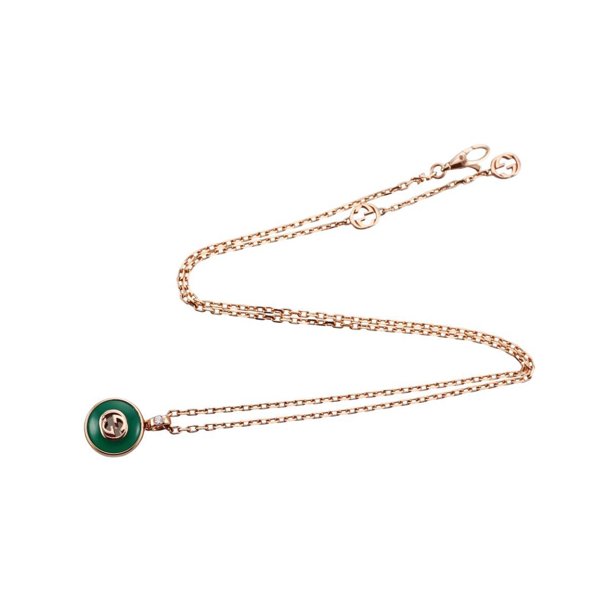 Gucci Interlocking G 18K Gold Diamond Green Agate Pendant Necklace
