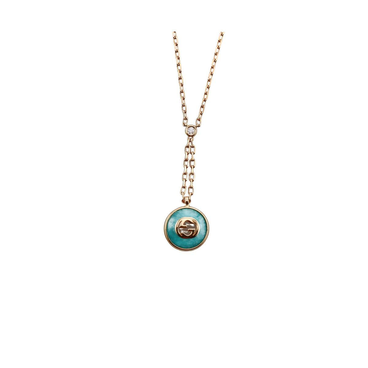 Gucci Interlocking G 18K Gold Diamond Amazonite Pendant Necklace
