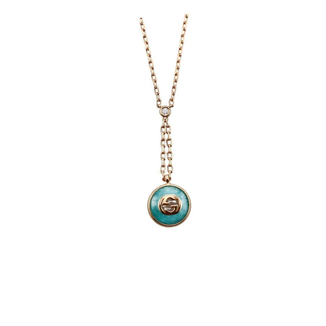Gucci Interlocking G 18K Gold Diamond Amazonite Pendant Necklace