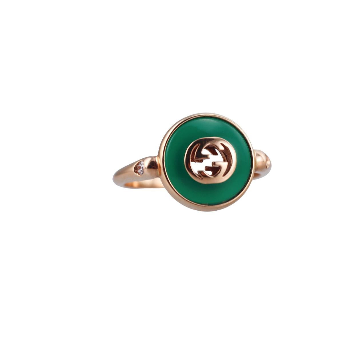 Gucci Interlocking G 18K Rose Gold Diamond Green Agate Ring