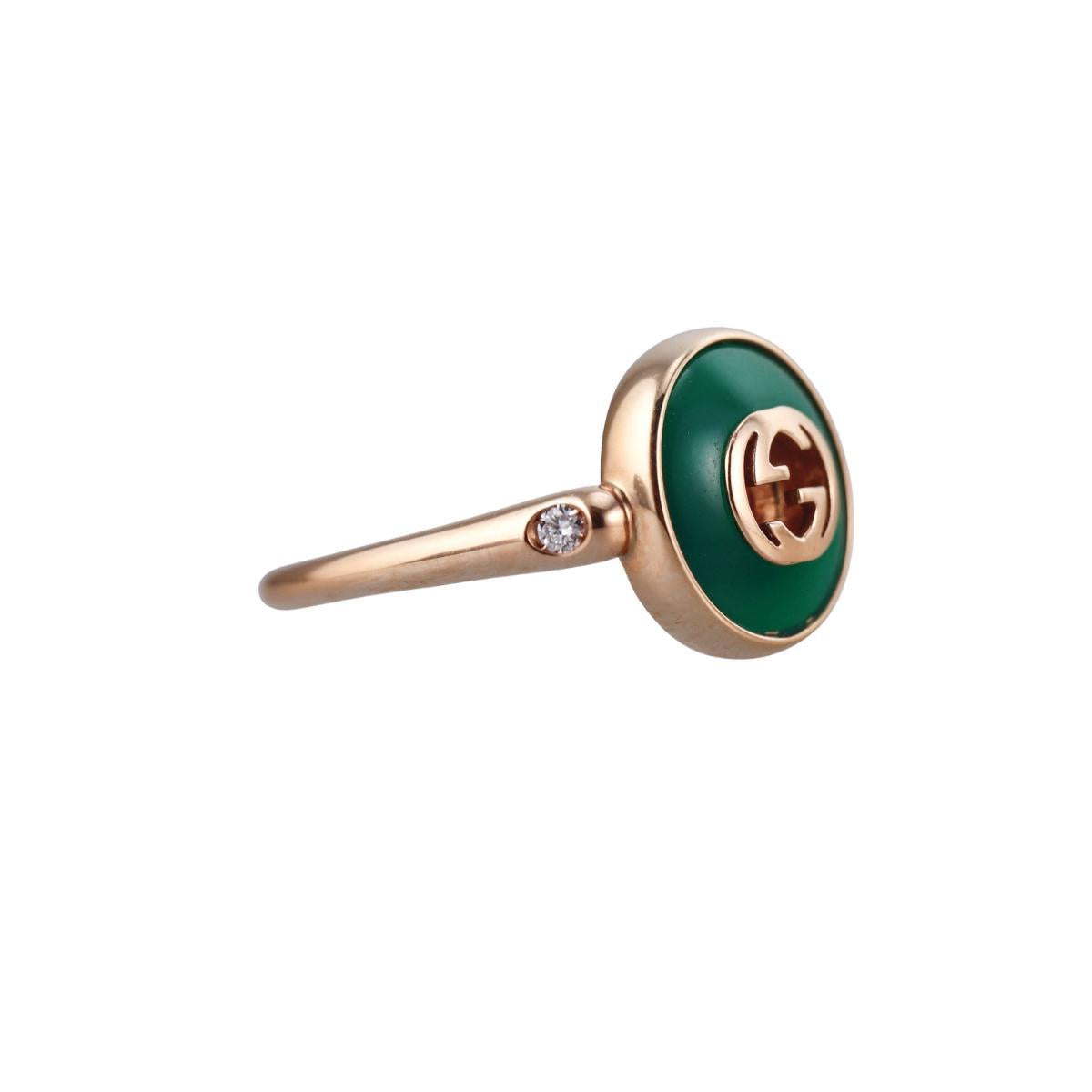 Gucci Interlocking G 18K Rose Gold Diamond Green Agate Ring