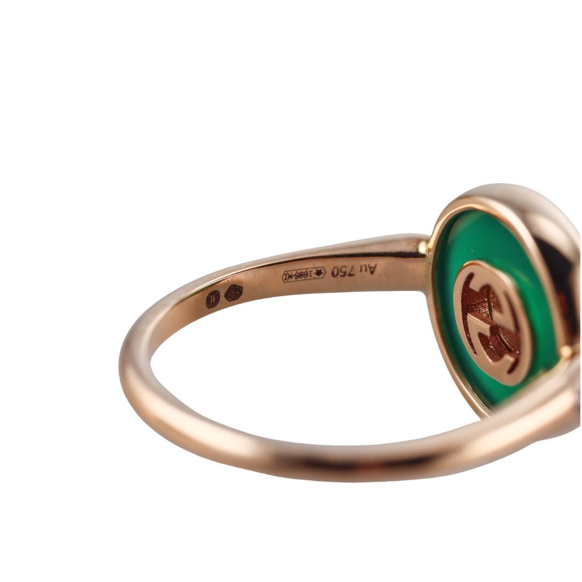 Gucci Interlocking G 18K Rose Gold Diamond Green Agate Ring