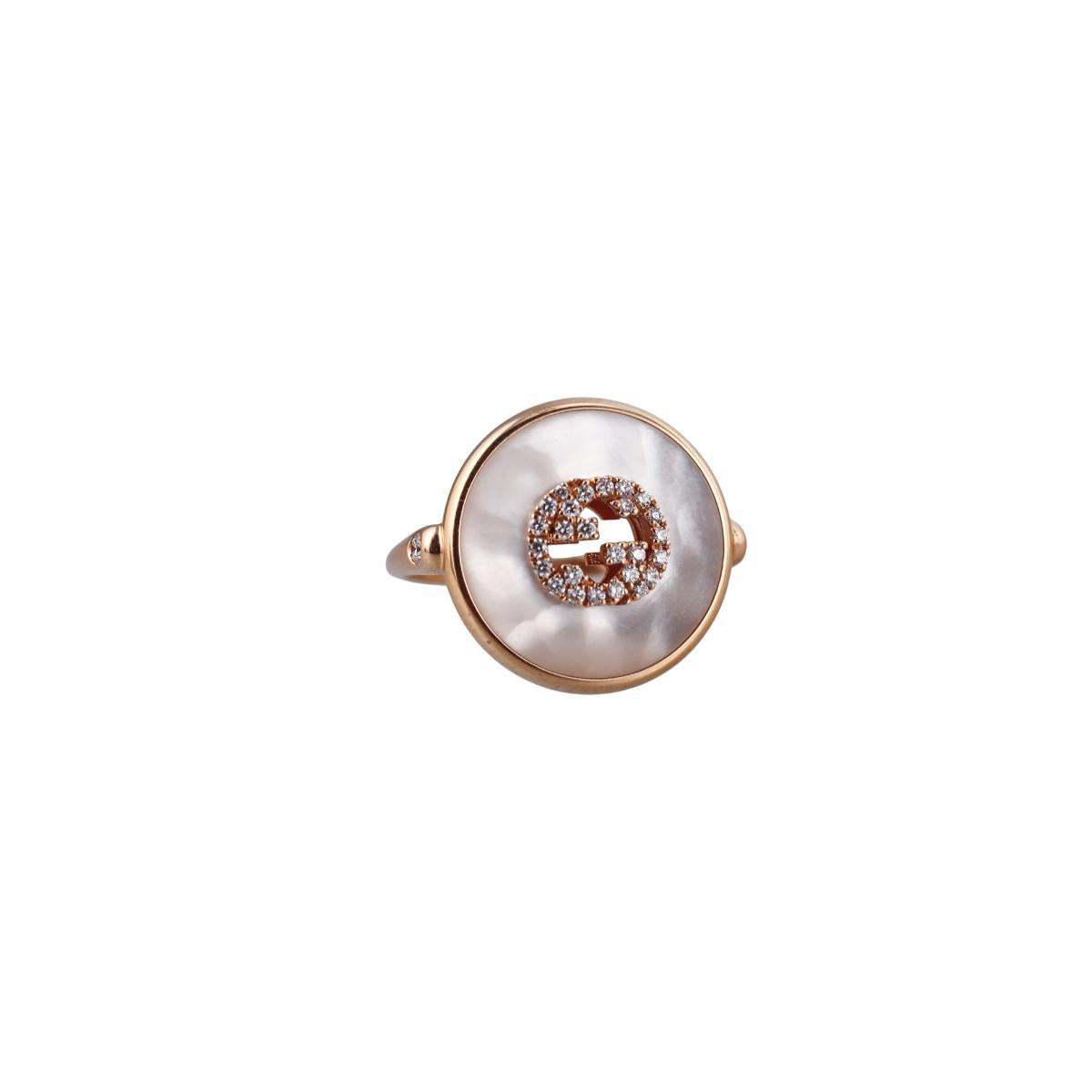 Gucci Interlocking G 18K Rose Gold Diamond MOP 17mm Ring