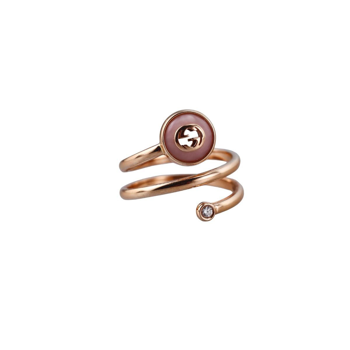Gucci Interlocking G 18k Gold Diamond Pink Opal Spiral Ring