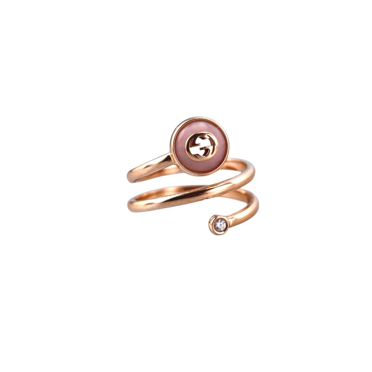 Gucci Interlocking G 18k Gold Diamond Pink Opal Spiral Ring