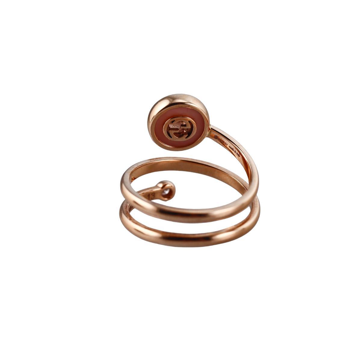 Gucci Interlocking G 18k Gold Diamond Pink Opal Spiral Ring
