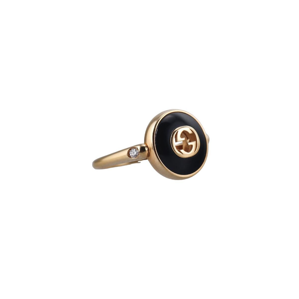 Gucci Interlocking G 18K Gold Diamond Onyx Ring
