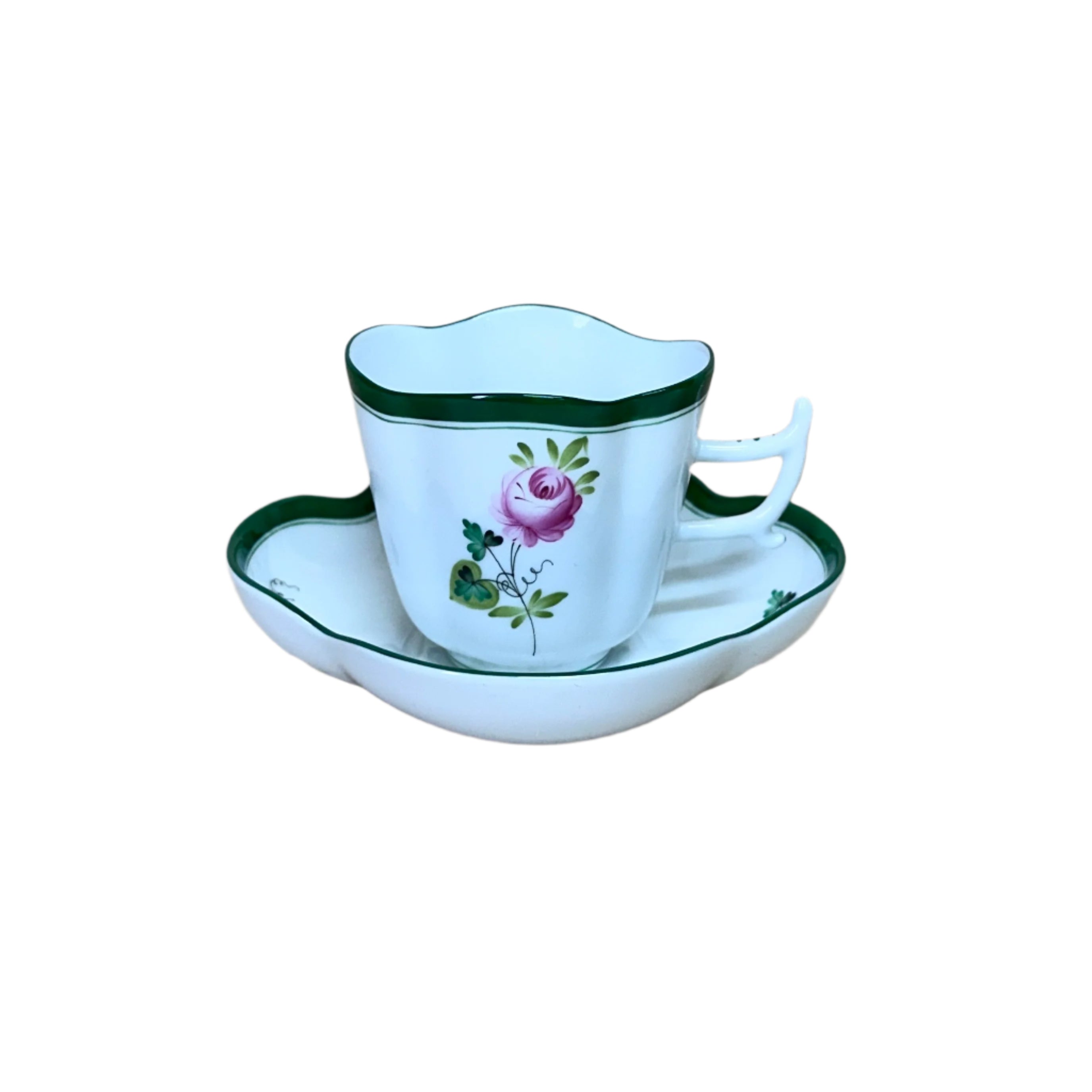 Herend Porcelain Vienna Rose Cup & Saucer Clover Shape Coffee 4198-2-00/VRH 4198-1-00/VRH