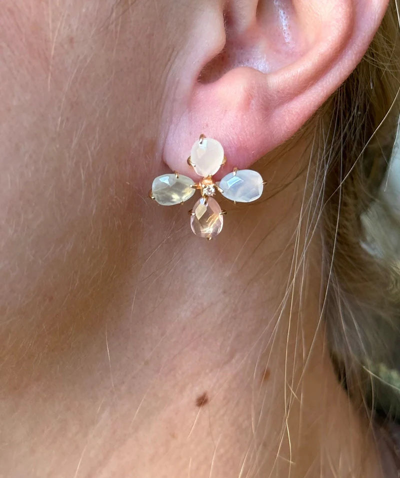 Mimi Milano Diamond Rose Quartz Prehnite Chalcedony Flower Gold Earrings
