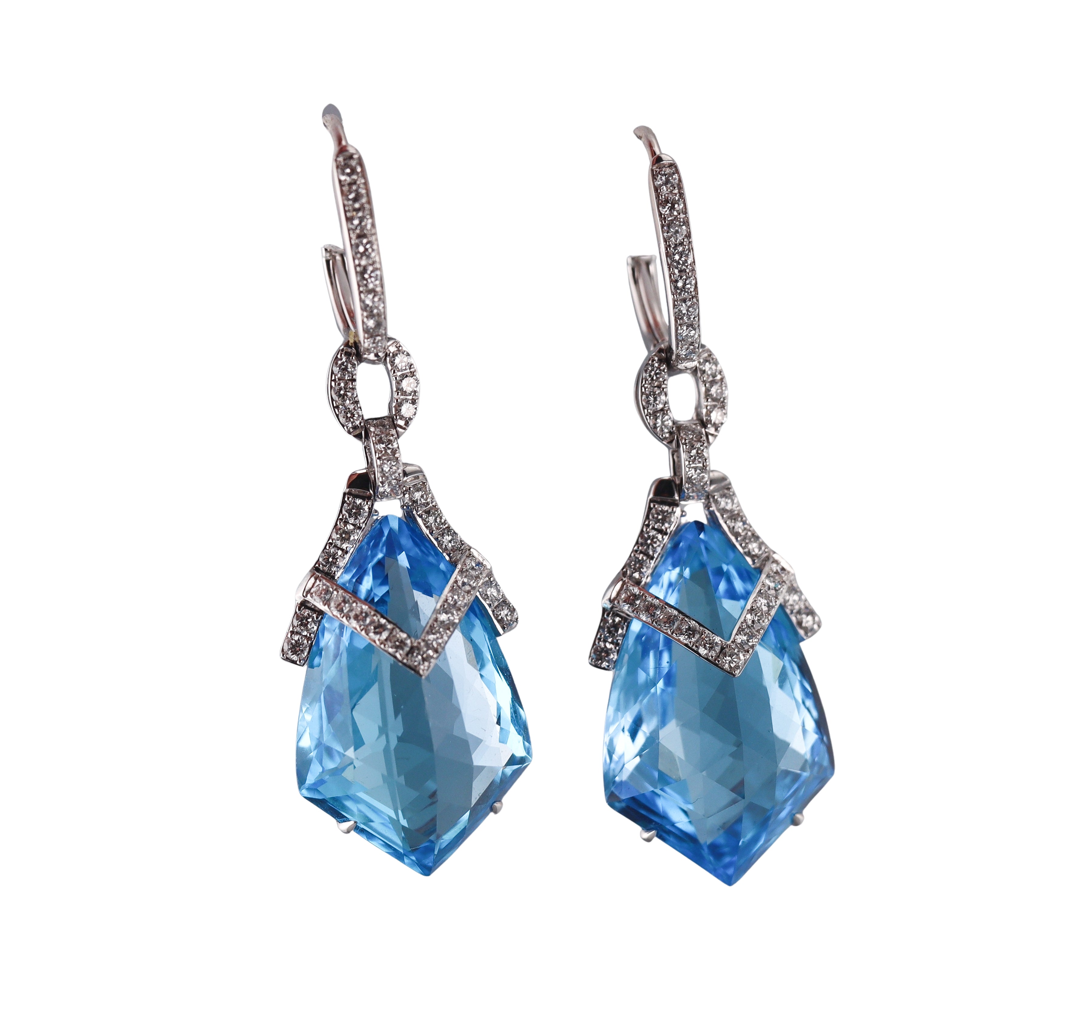 White Gold Diamond Blue Topaz Cocktail Drop Earrings