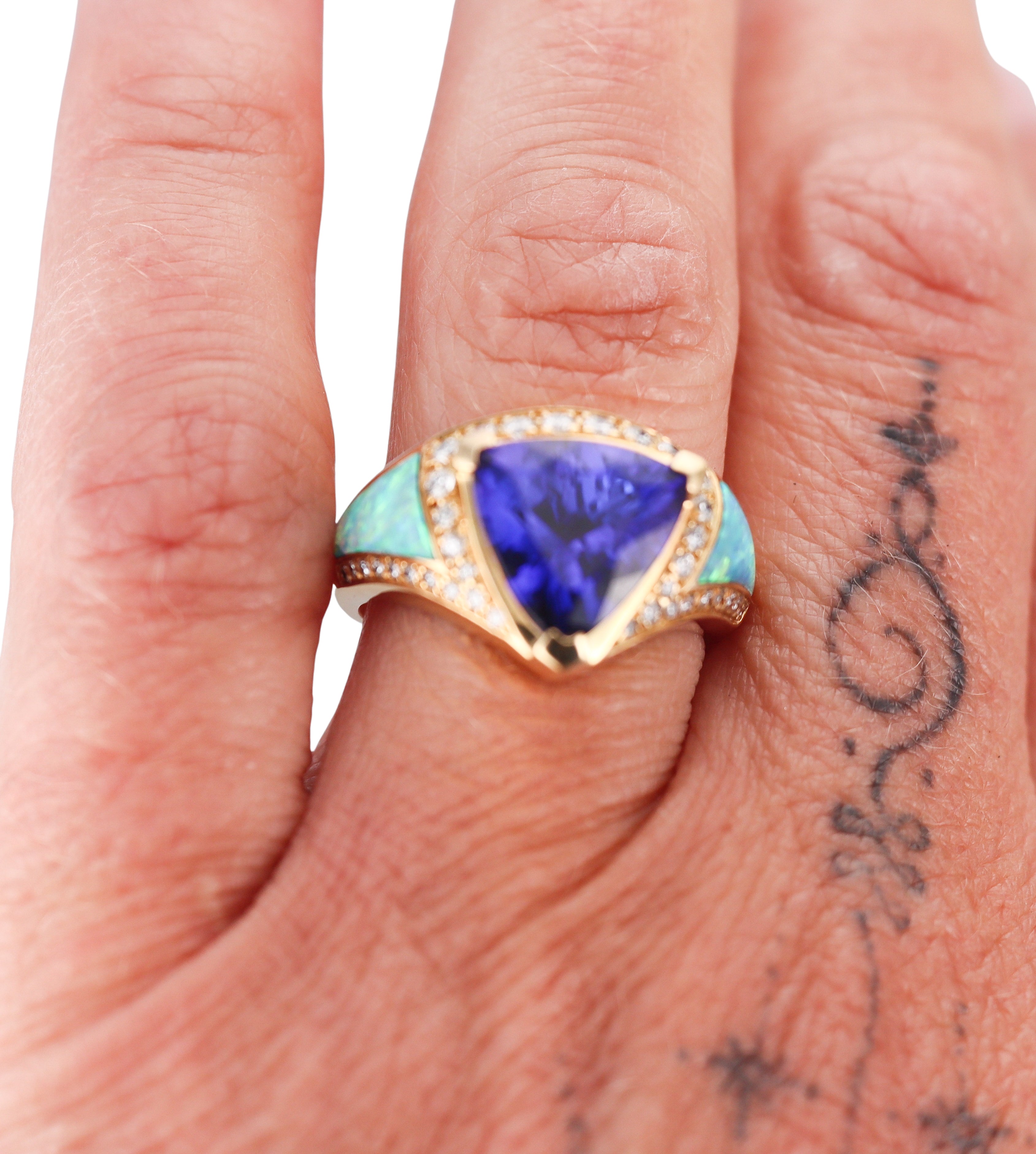 Kabana Yellow Gold Diamond Tanzanite Opal Ring