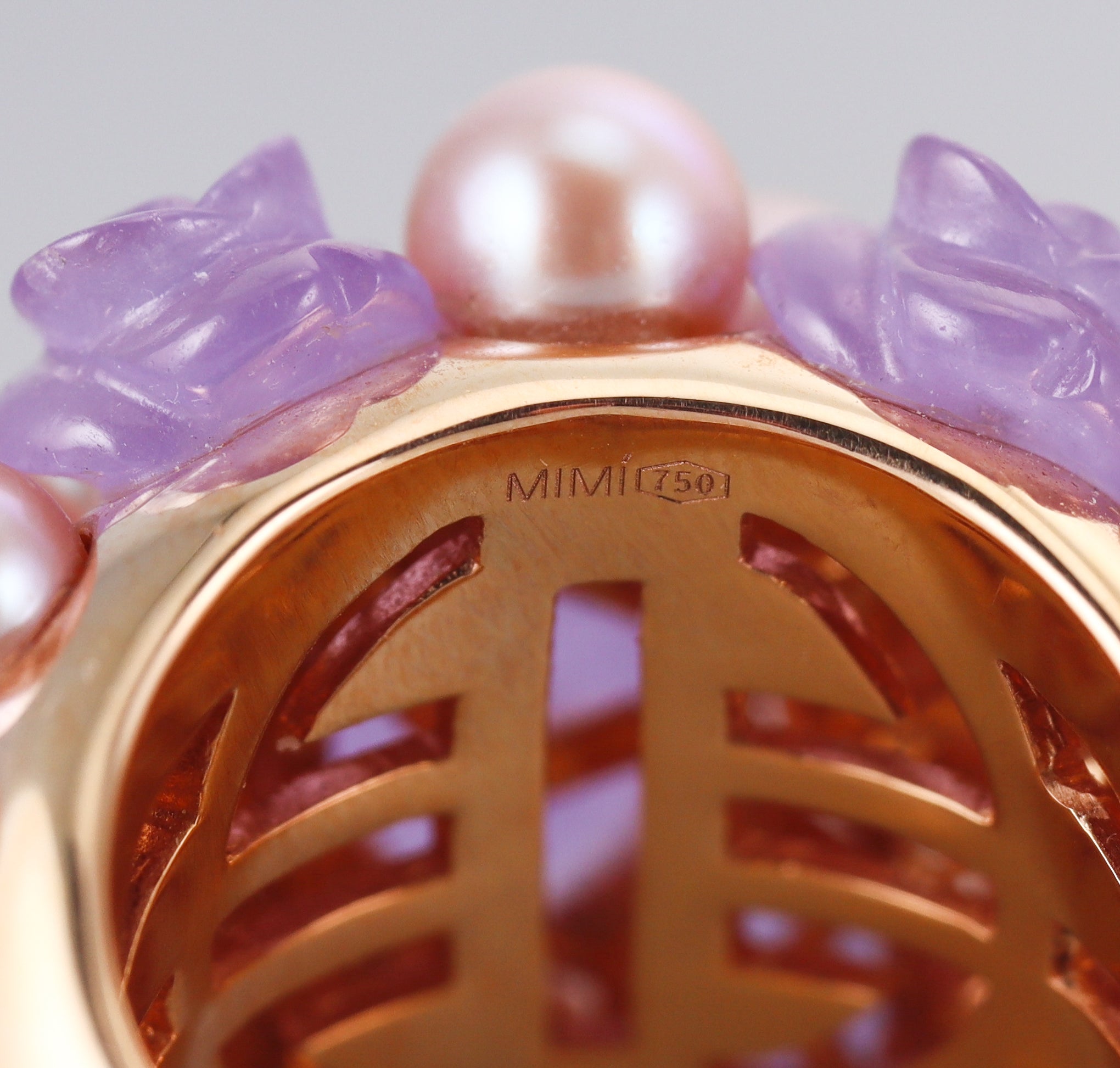 Mimi Milano Grace Rose Gold Lavender Jade Pearl Cocktail Flower Ring