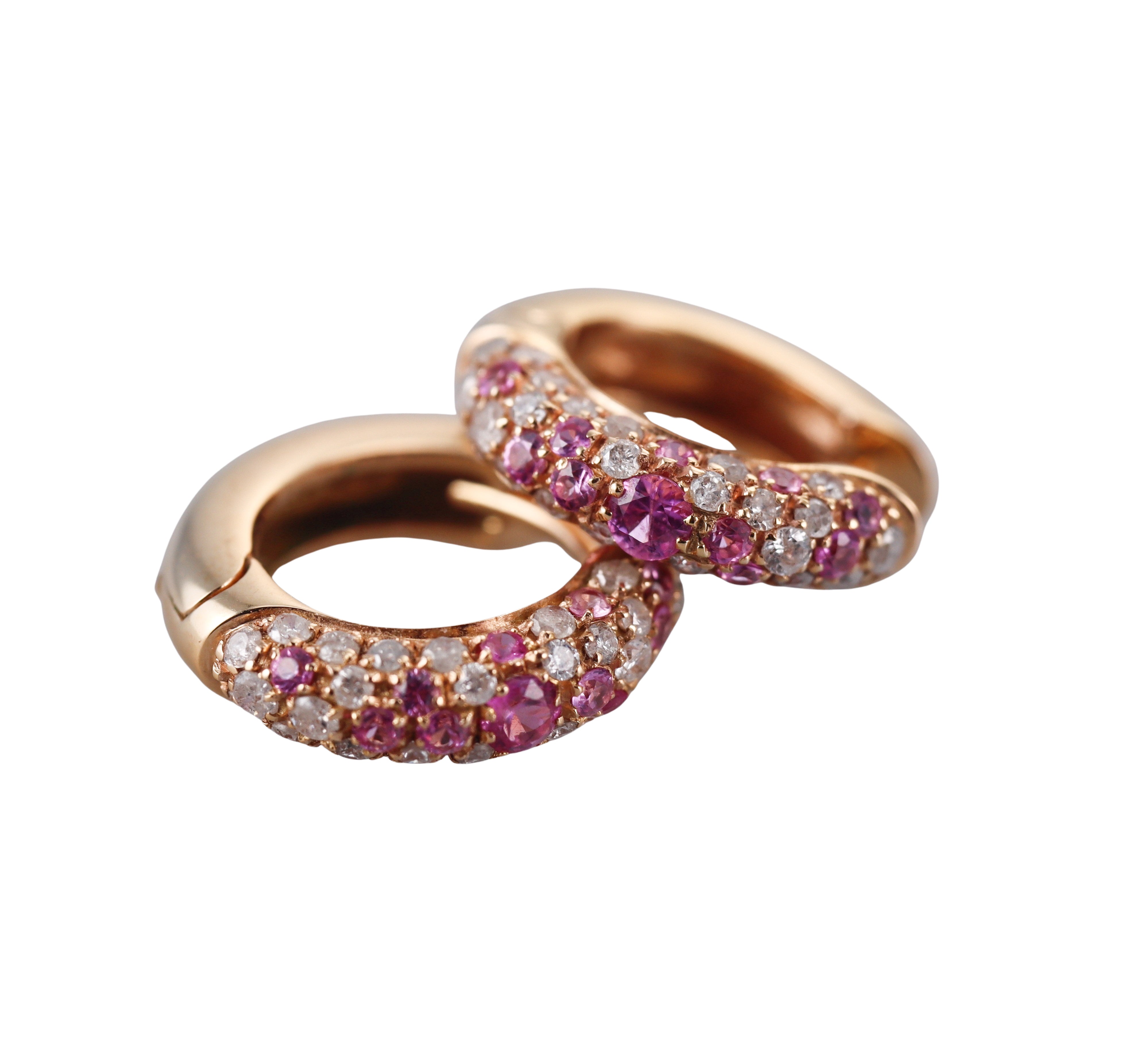 Italian 18k Gold Diamond Pink Sapphire Small Hoop Earrings