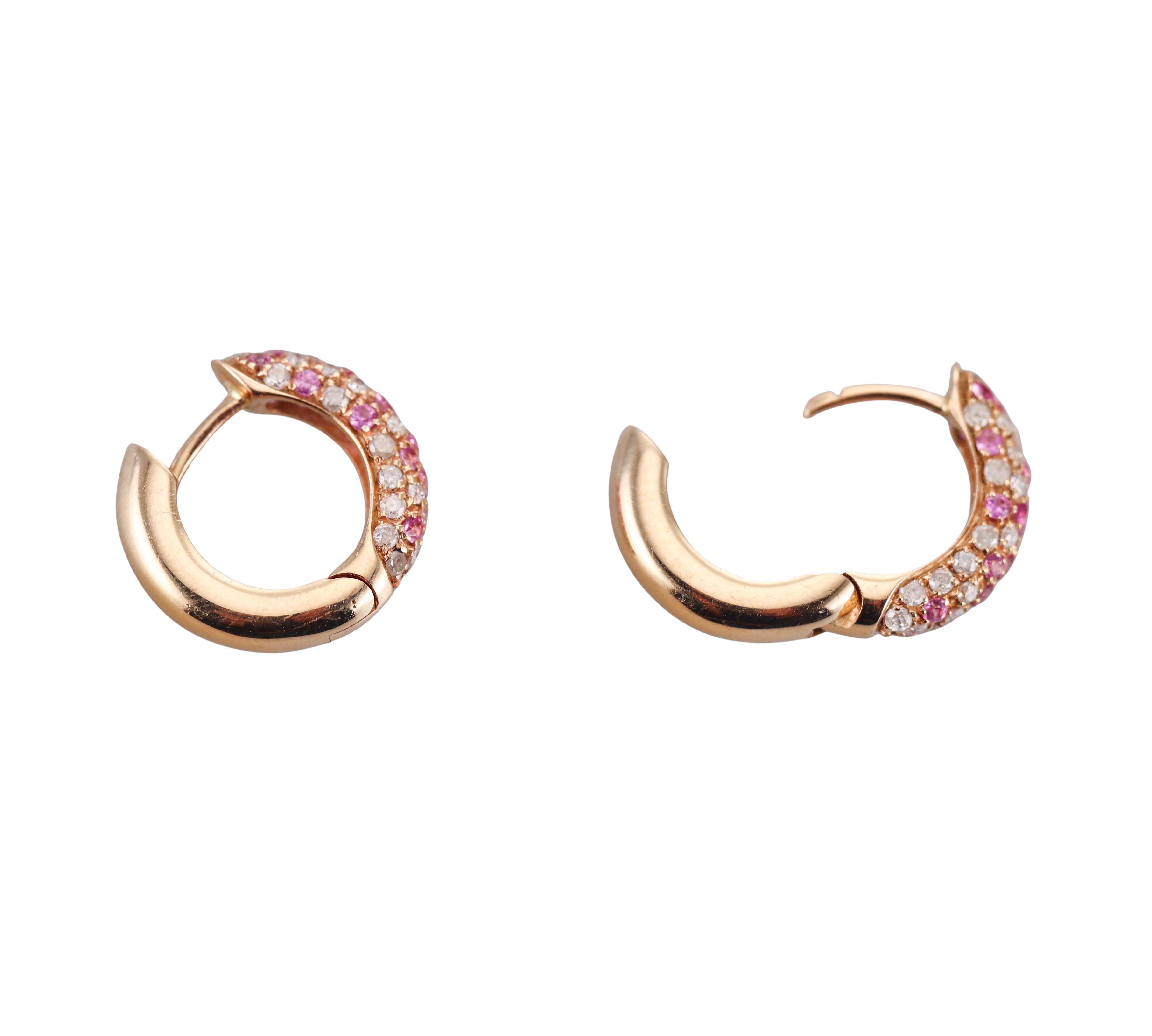 Italian 18k Gold Diamond Pink Sapphire Small Hoop Earrings