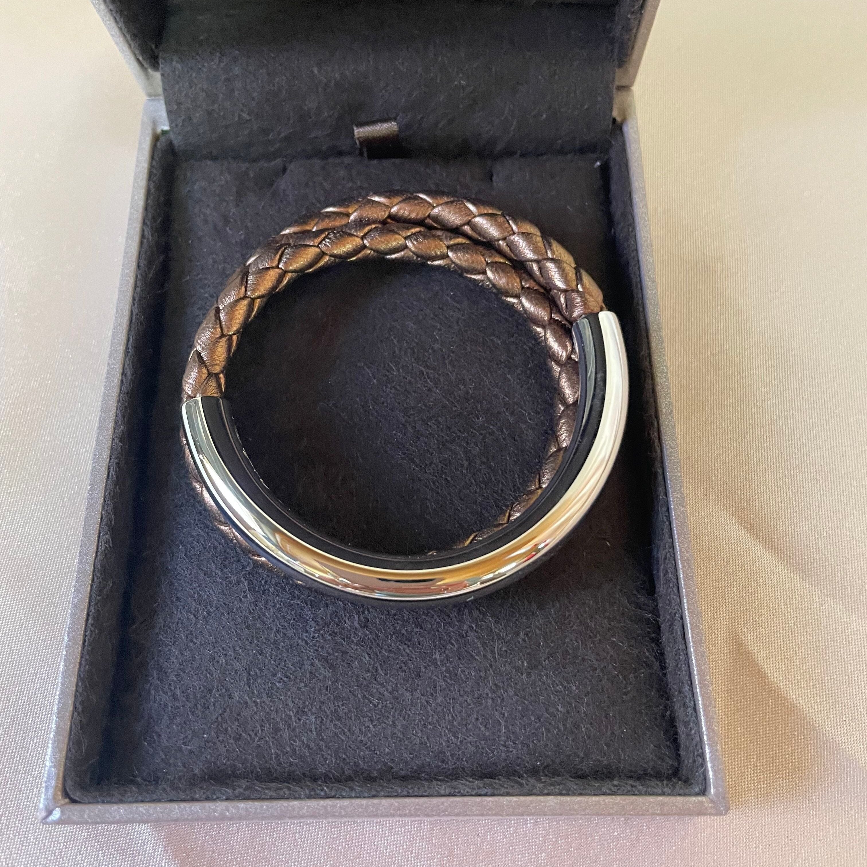 Christofle Sterling Silver Duo Complice Gold Brown Leather Bracelet