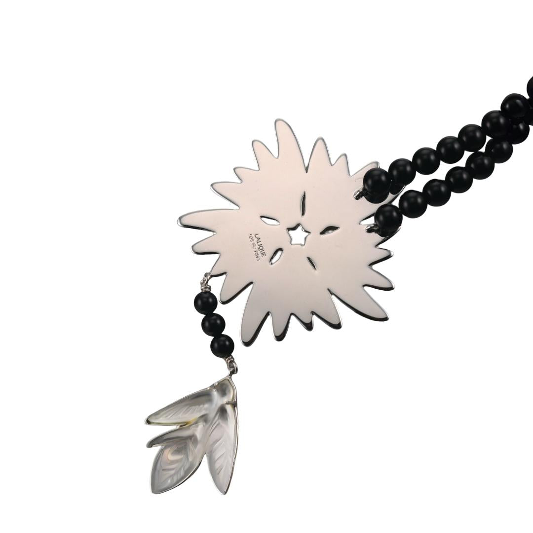 Lalique Hirondelles Swallows Crystal Onyx Sterling Pendant Necklace 10394800