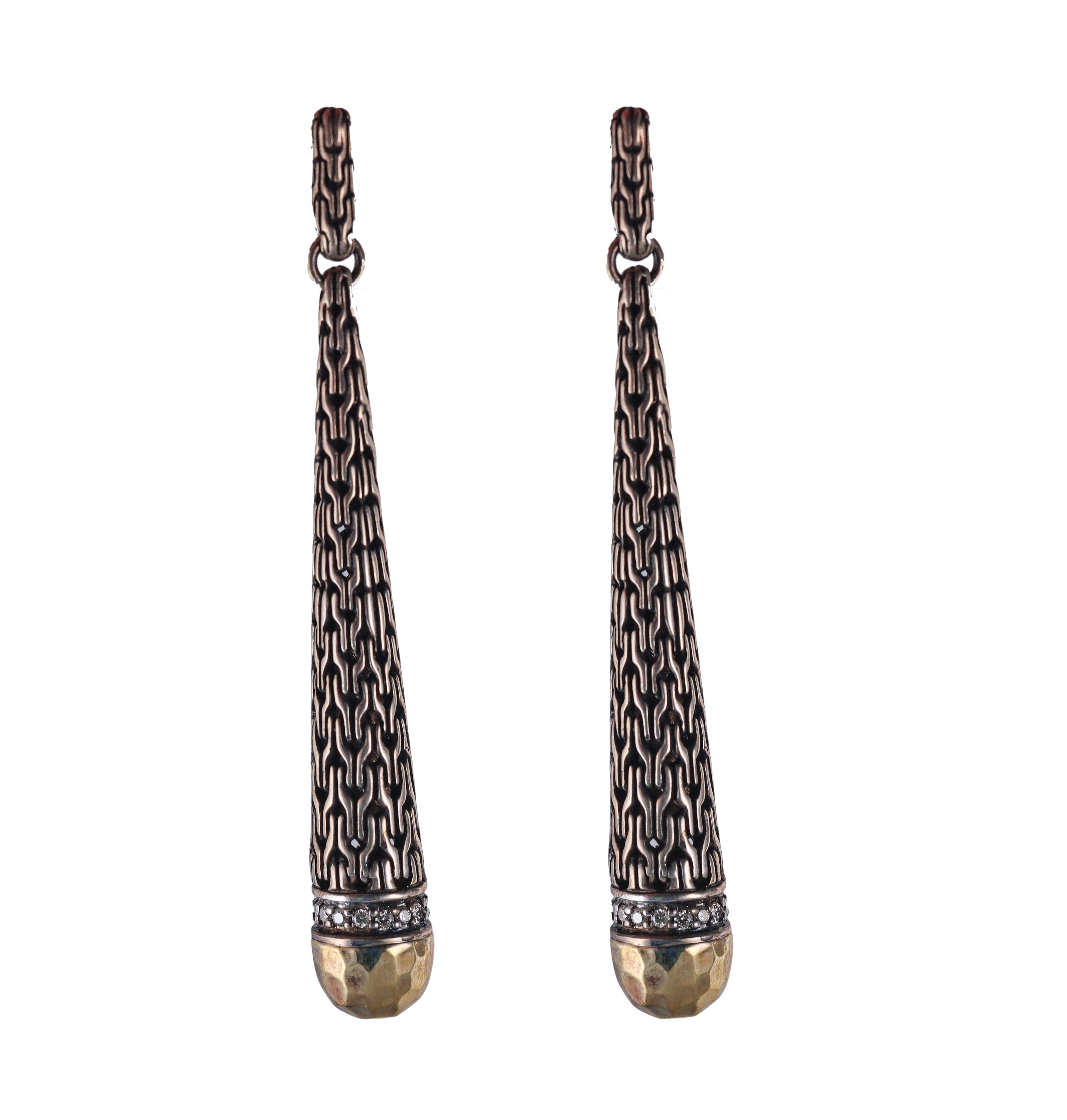 John Hardy Sterling Silver 18k Gold Diamond Long Earrings Retail $1795