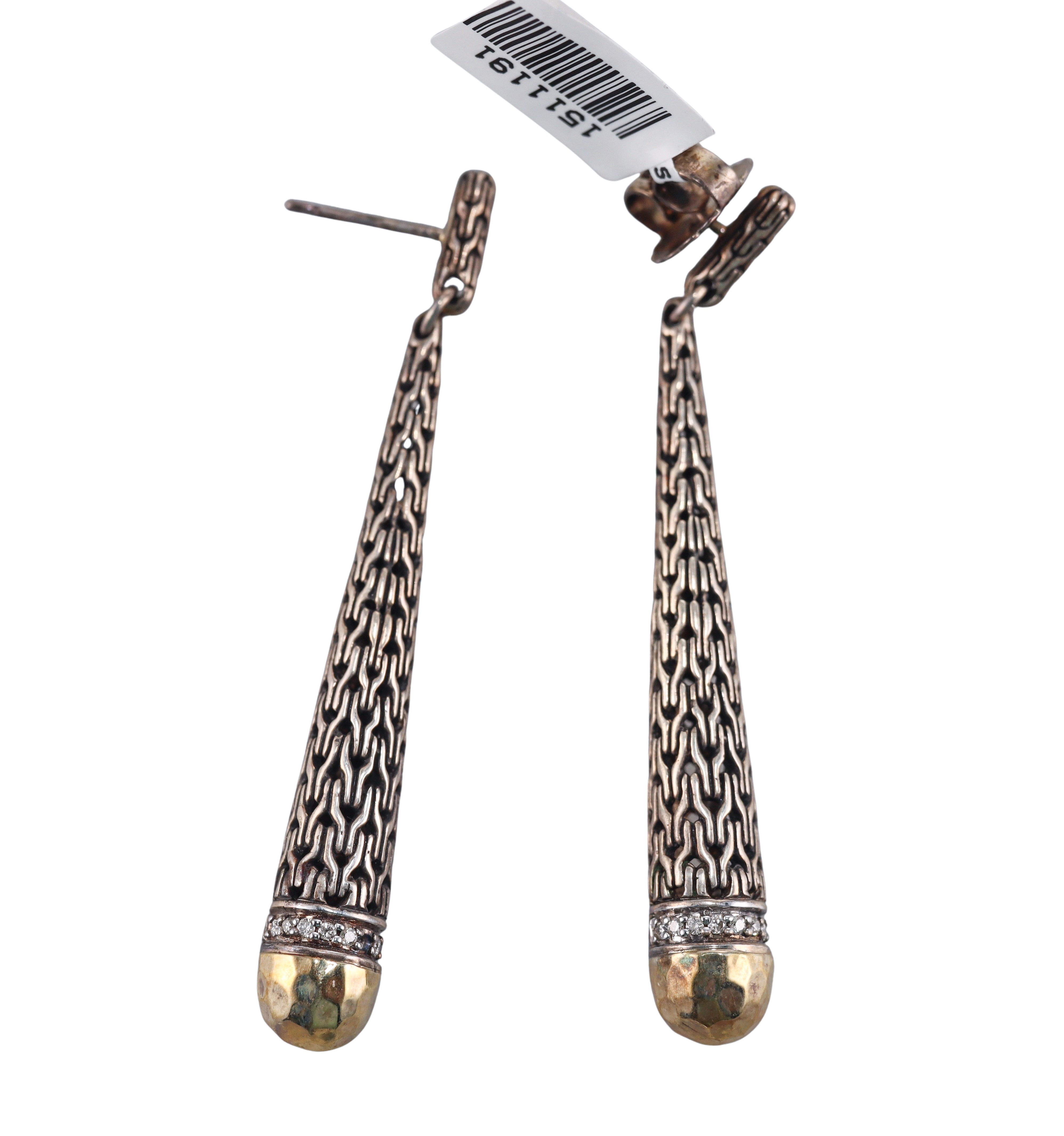 John Hardy Sterling Silver 18k Gold Diamond Long Earrings Retail $1795