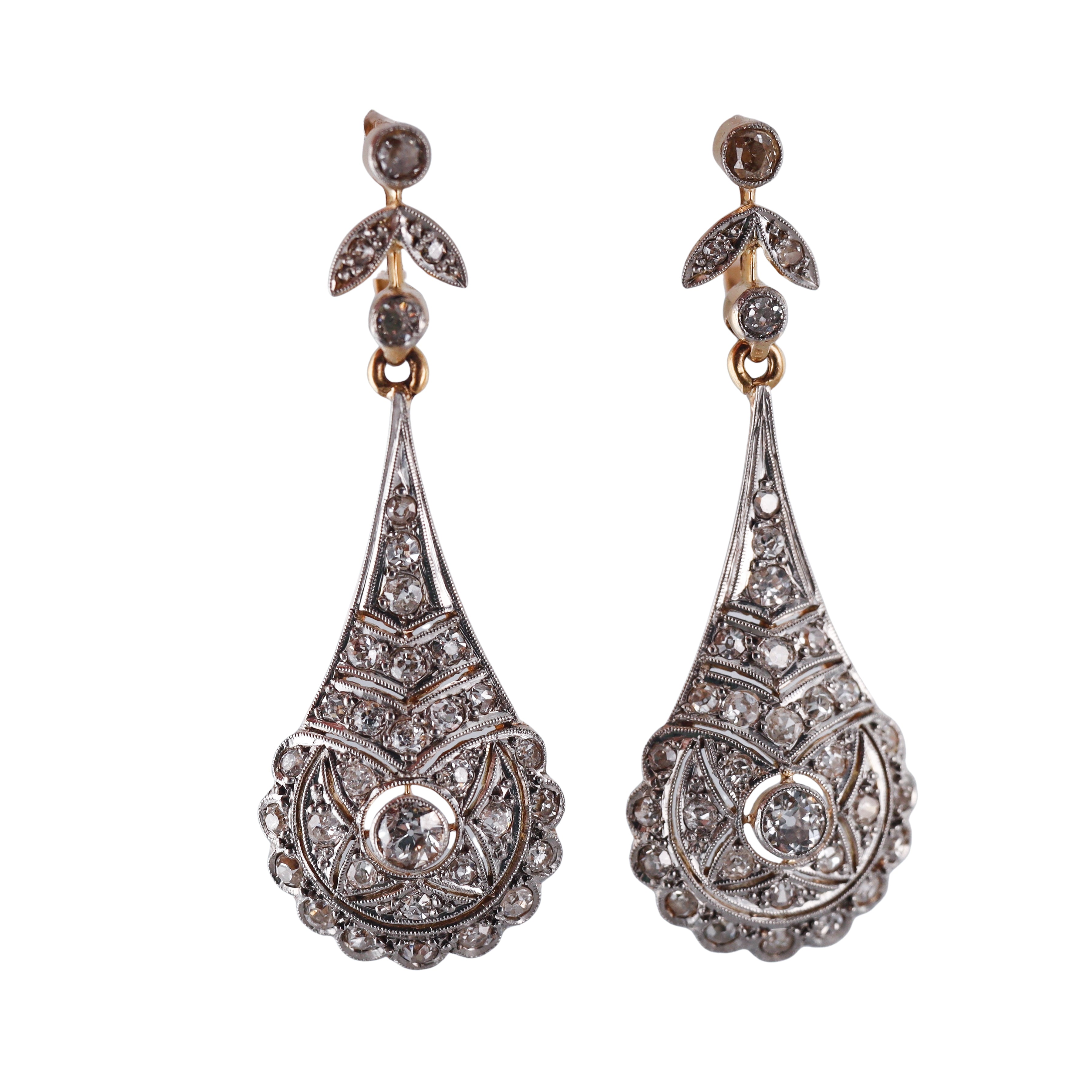 Antique Gold Platinum Diamond Drop Earrings