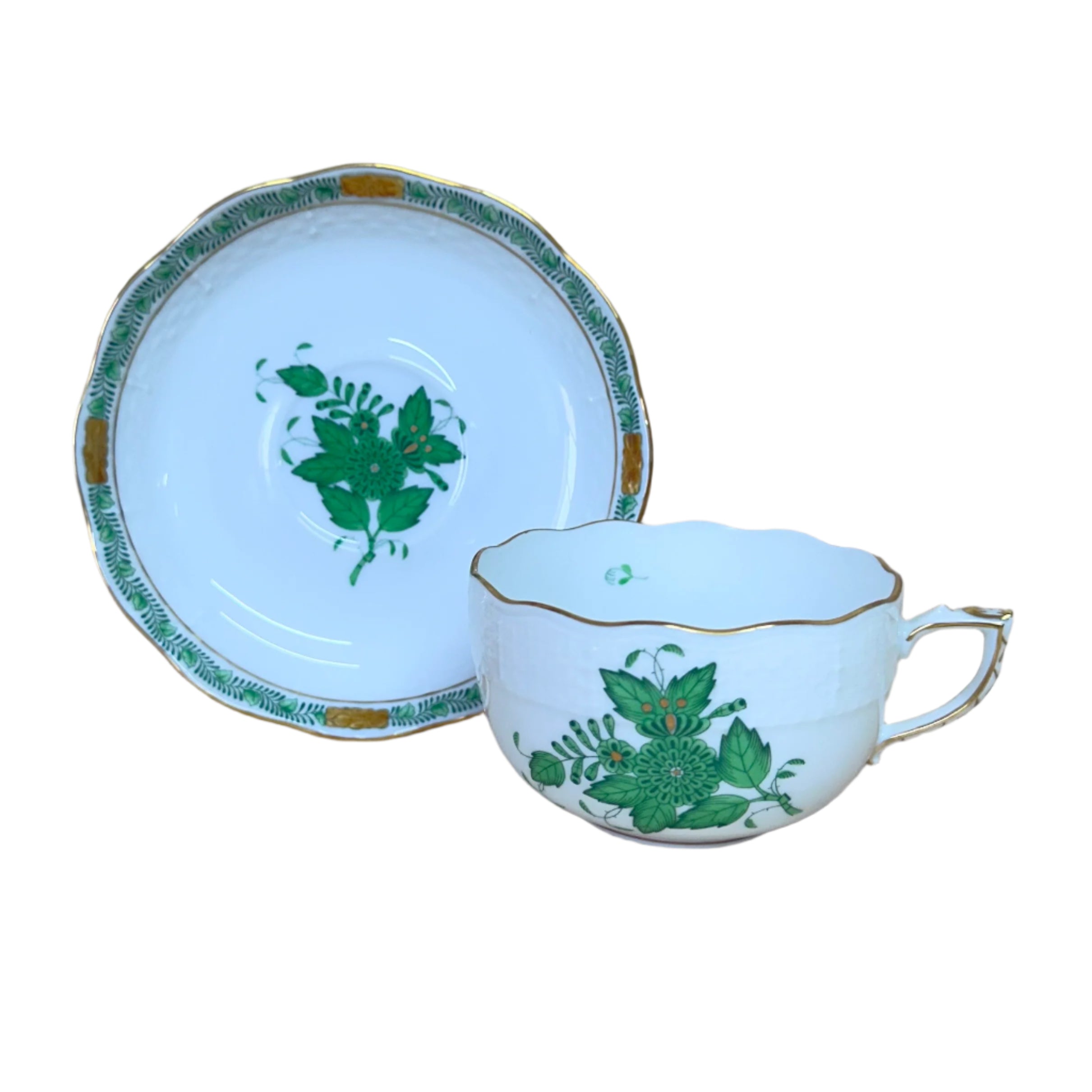 Herend Porcelain Cup & Saucer Set Chinese Bouquet Green Flat  724-2-00/AV 724-1-00/AV
