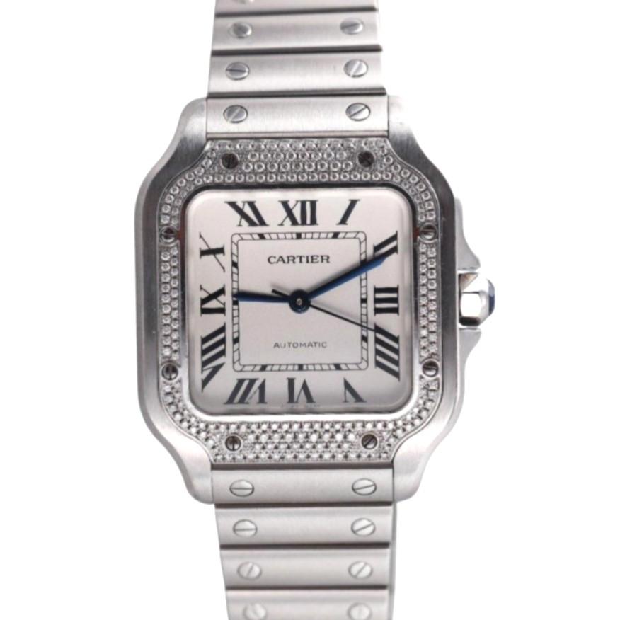 Santos de Cartier Medium Model Diamond Automatic Steel Watch W4SA0005