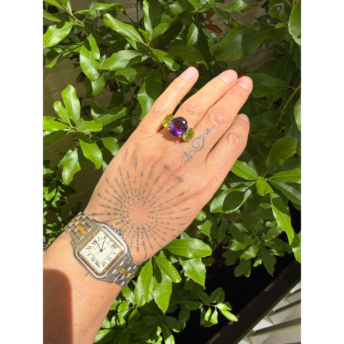 14k Yellow Gold Peridot Amethyst Cocktail  Ring