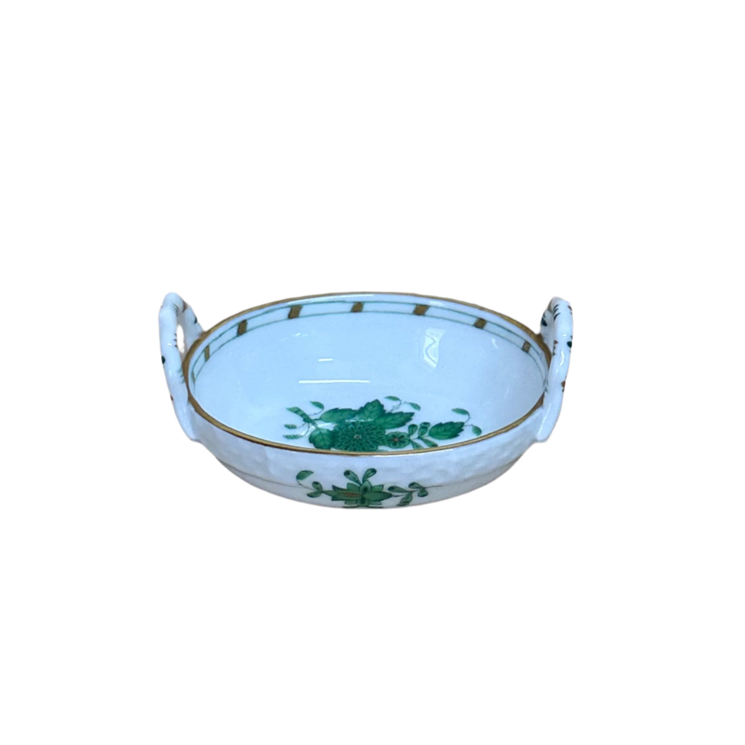 Herend Chinese Bouquet Green Porcelain Miniature Small Oval Handled Basket 7423-0-00/AV