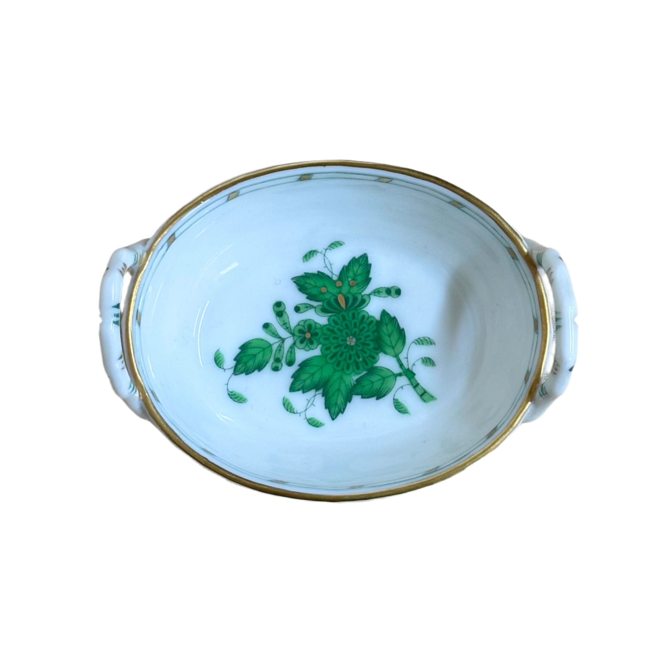 Herend Chinese Bouquet Green Porcelain Miniature Small Oval Handled Basket 7423-0-00/AV