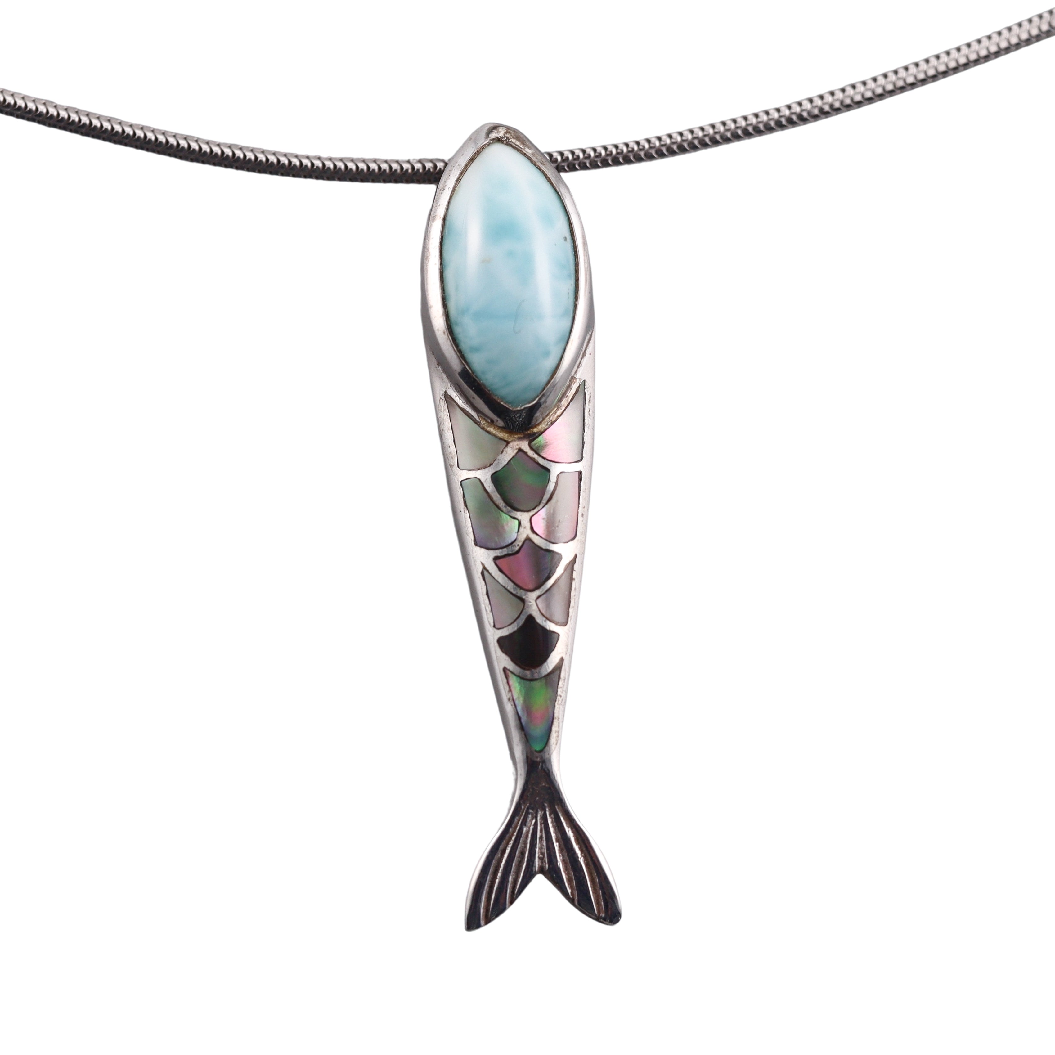 MarahLago Sterling Silver Larimar Abalone Fish Pendant Necklace Retail $321