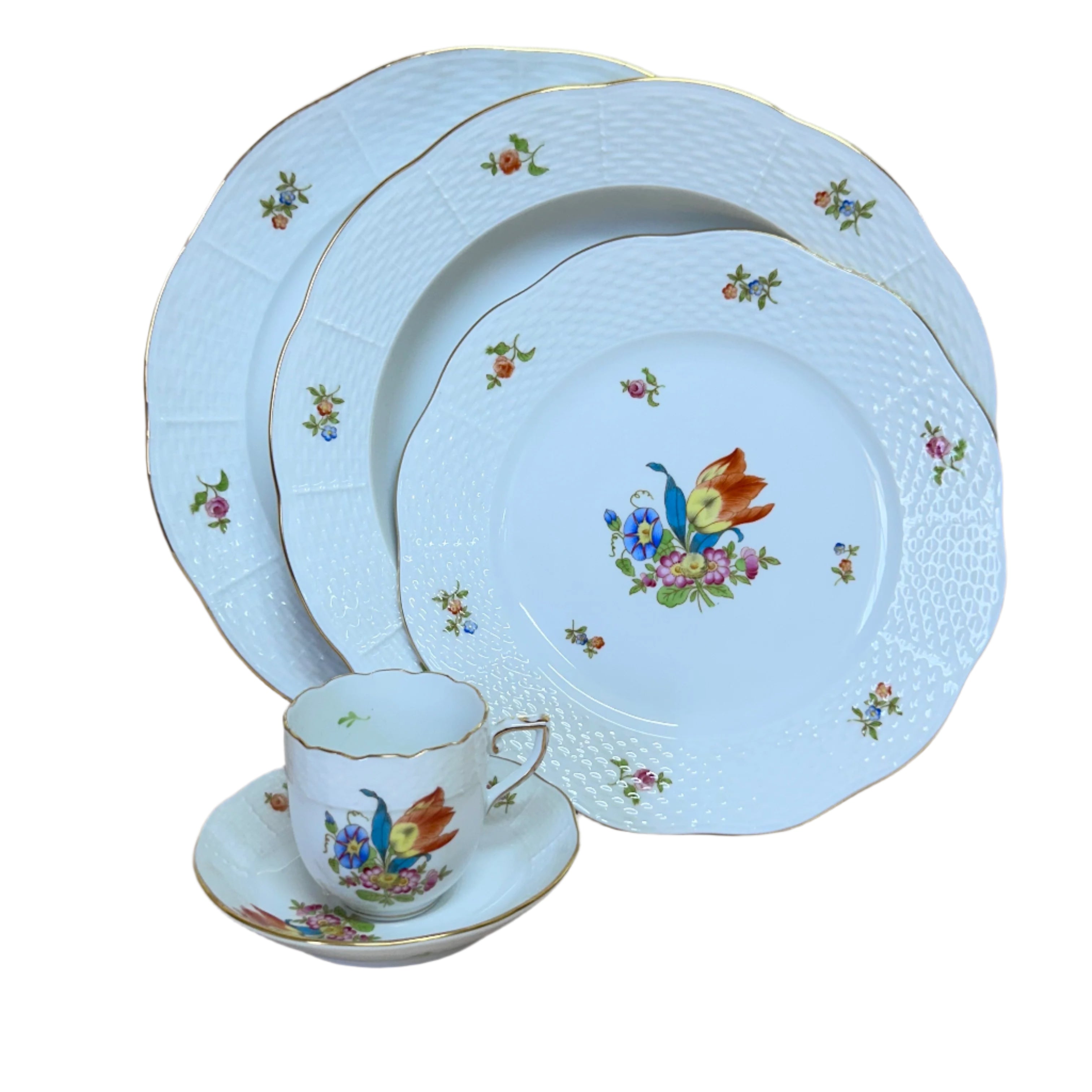 5 pc Herend Bouquet Hand Painted Porcelain Dinner Place Setting