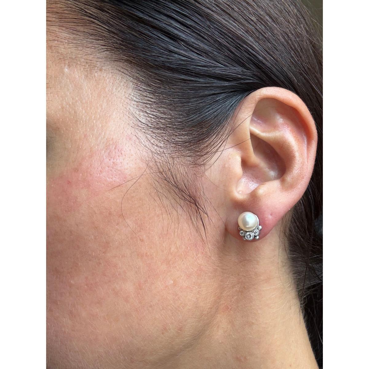 14k Gold Pearl Diamond Stud Earrings