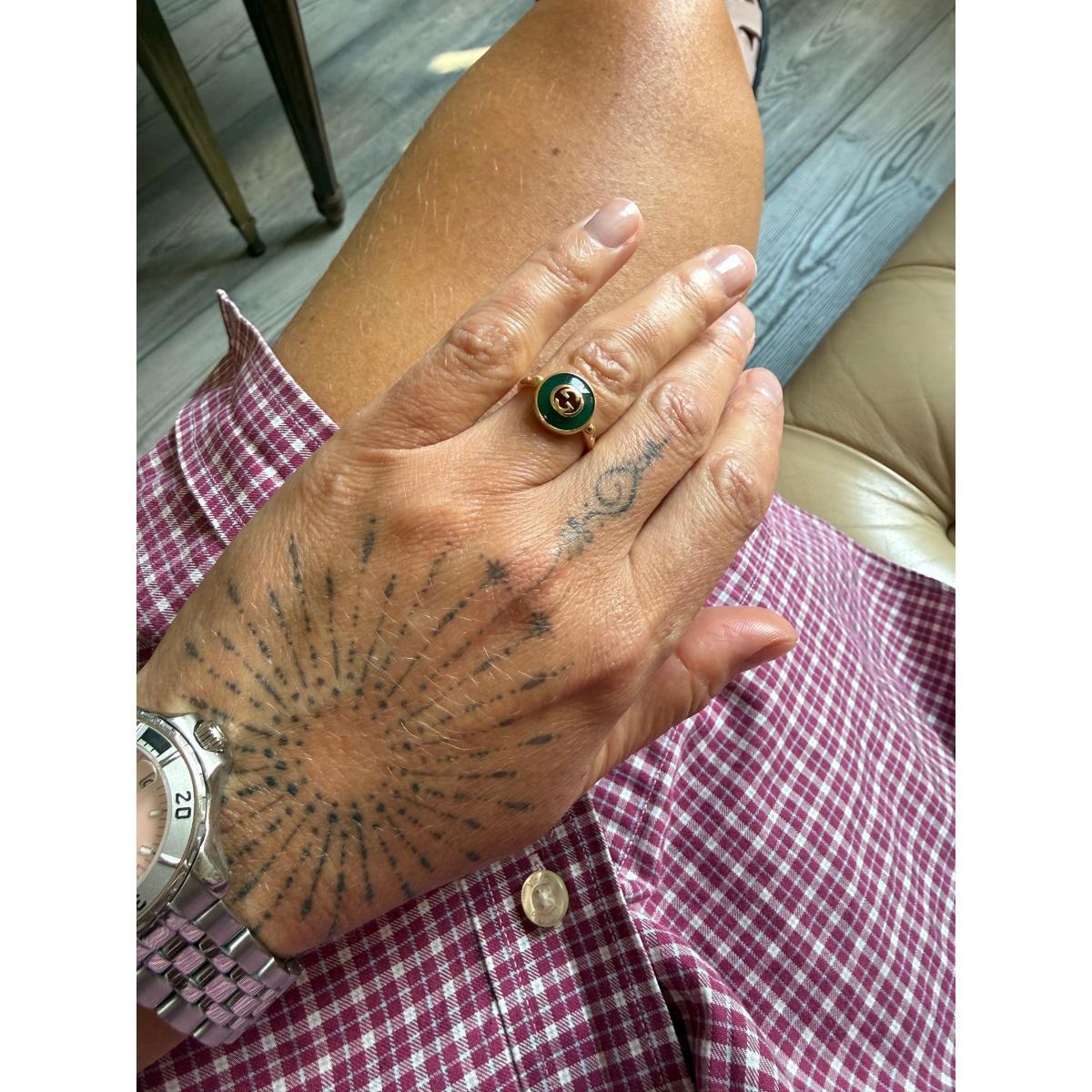 Gucci Interlocking G 18K Rose Gold Diamond Green Agate Ring