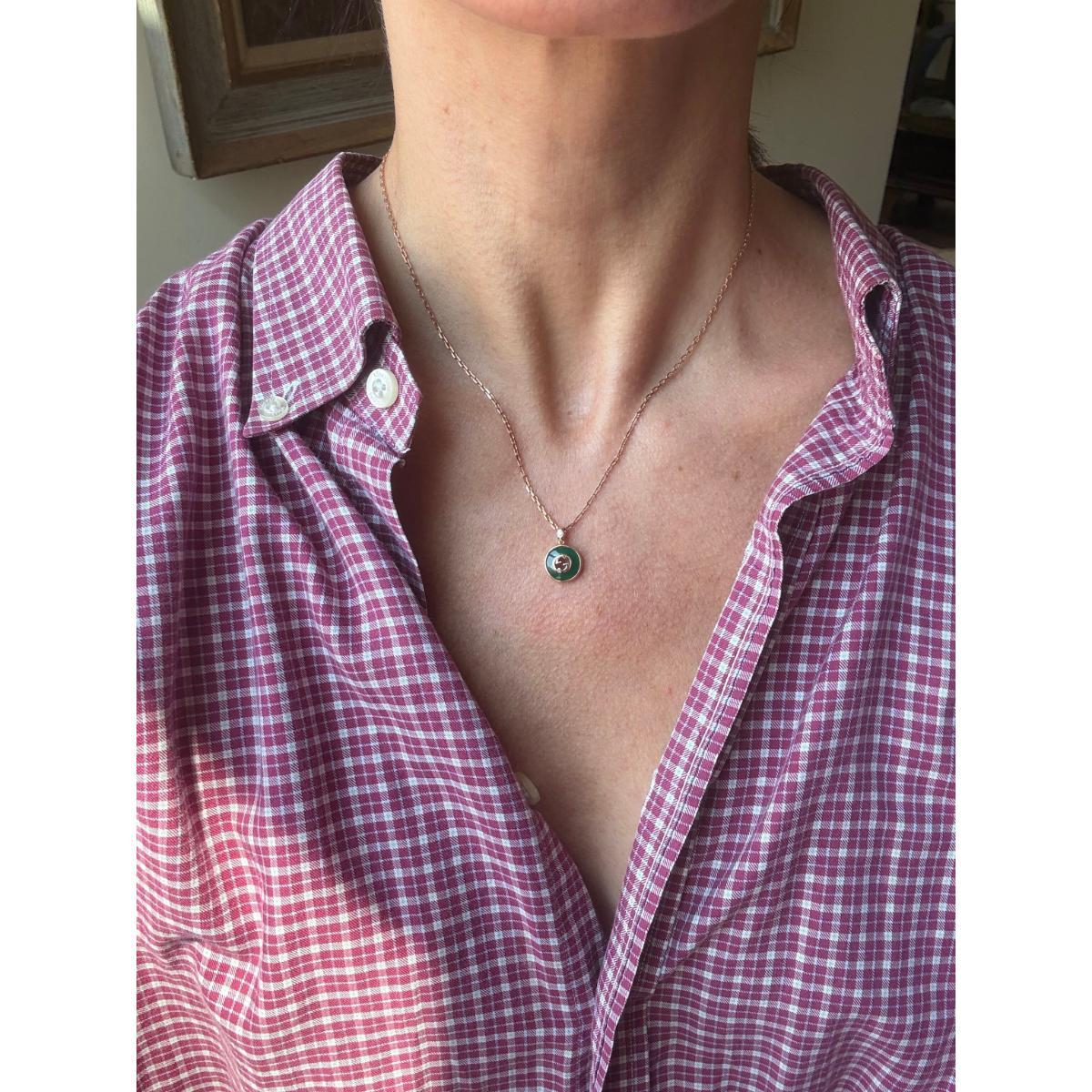 Gucci Interlocking G 18K Gold Diamond Green Agate Pendant Necklace
