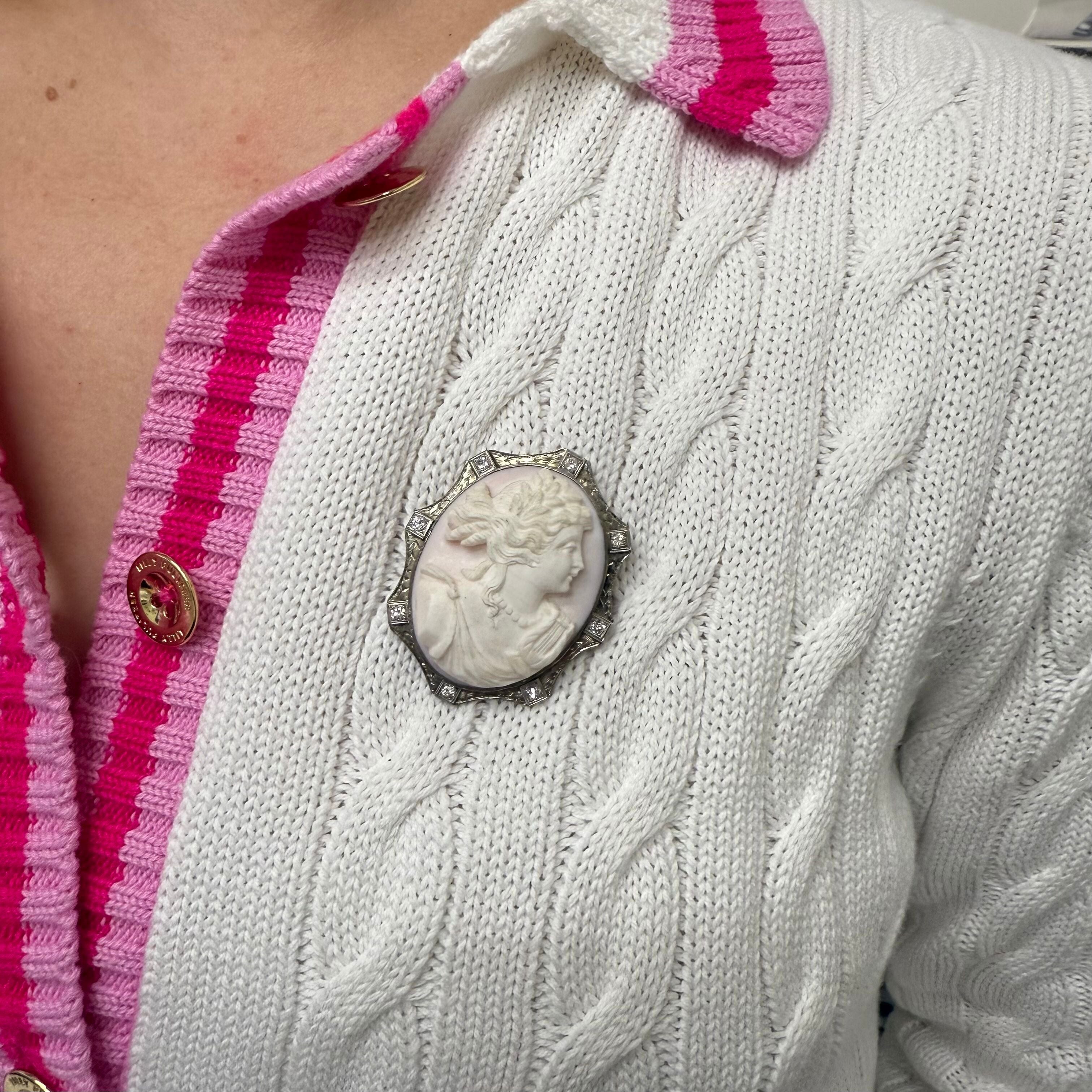 Art Deco 18k Gold Coral Cameo Diamond Brooch Pin