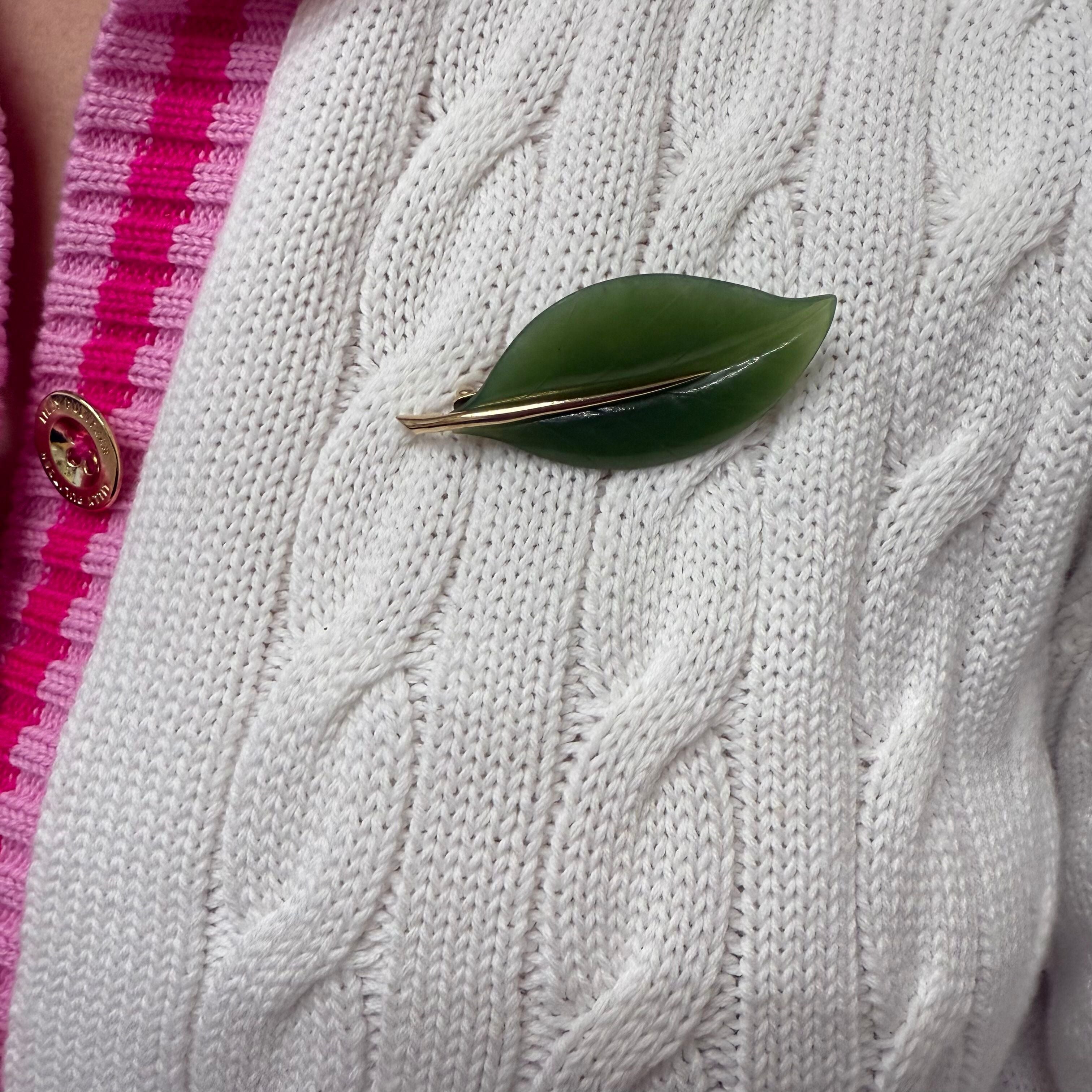 Gumps Nephrite 14k Gold Leaf Brooch Earrings Set