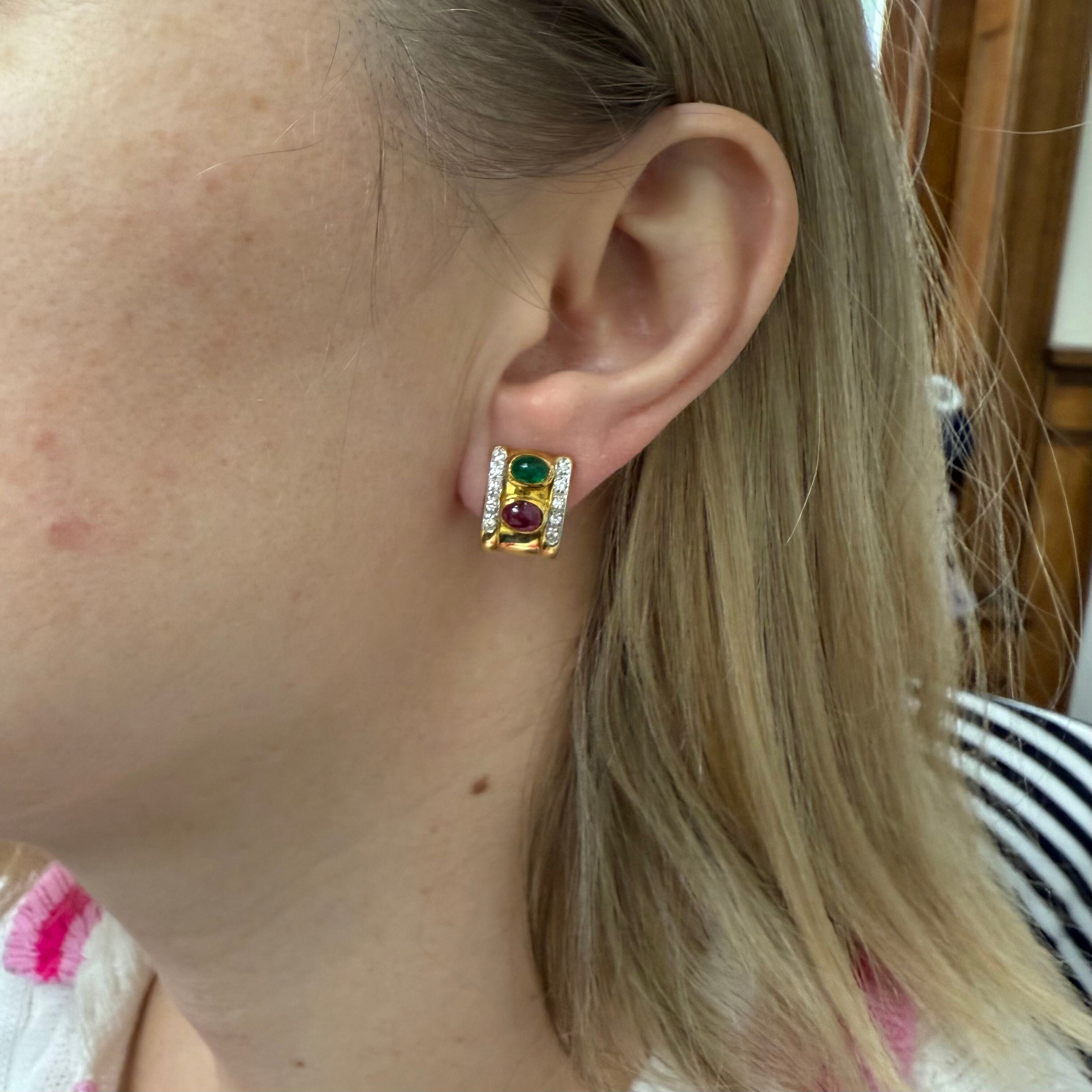 1980s 18k Gold Diamond Ruby Emerald Half Hoop Earrings