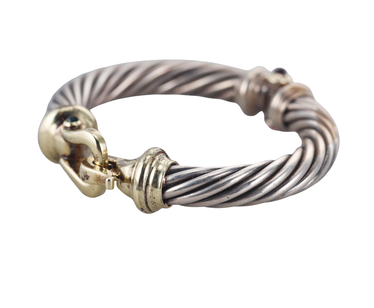 David Yurman Classic Cable Tourmaline Silver 14k Gold Flex Buckle Large Bracelet