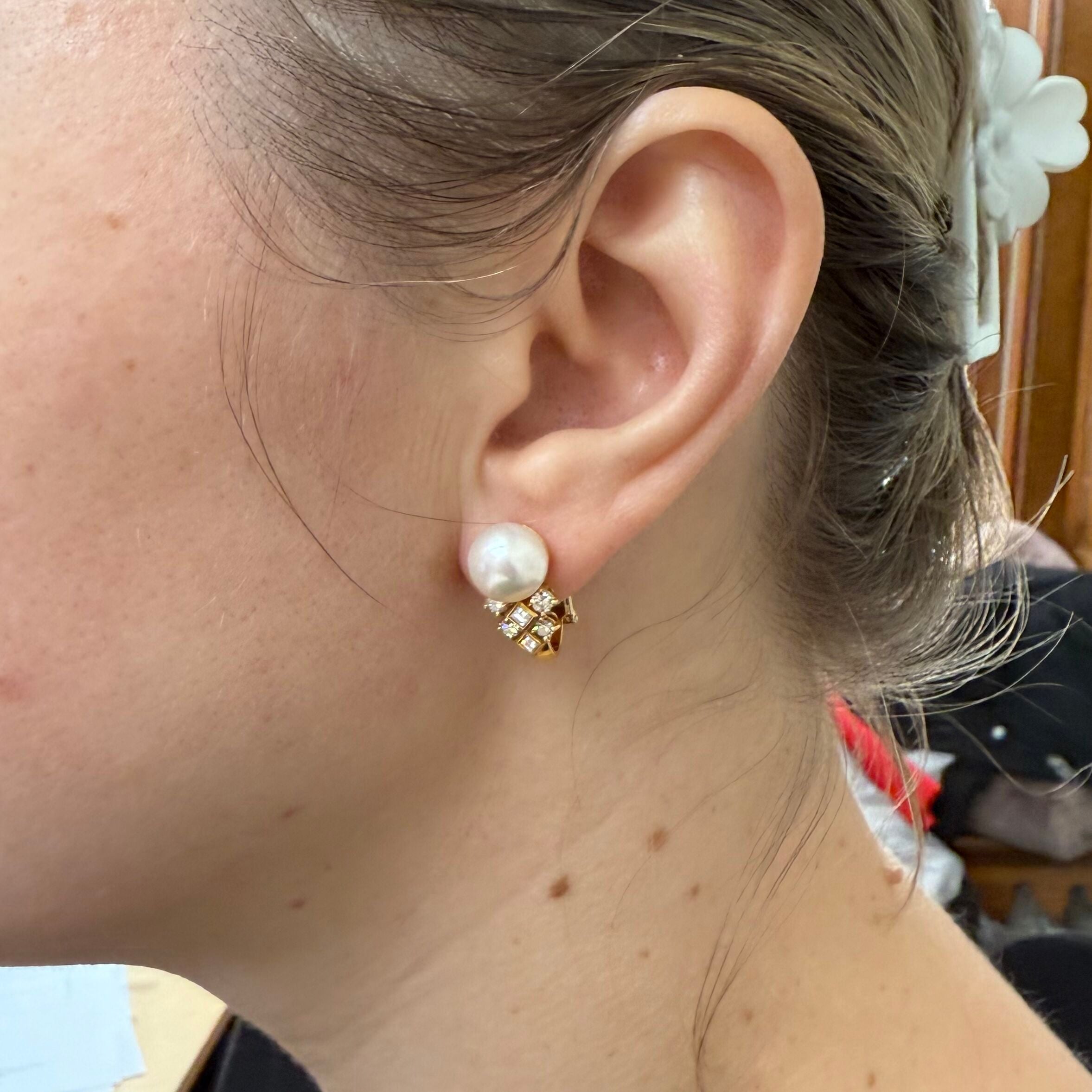 Italian 18k Gold Diamond Pearl Earrings