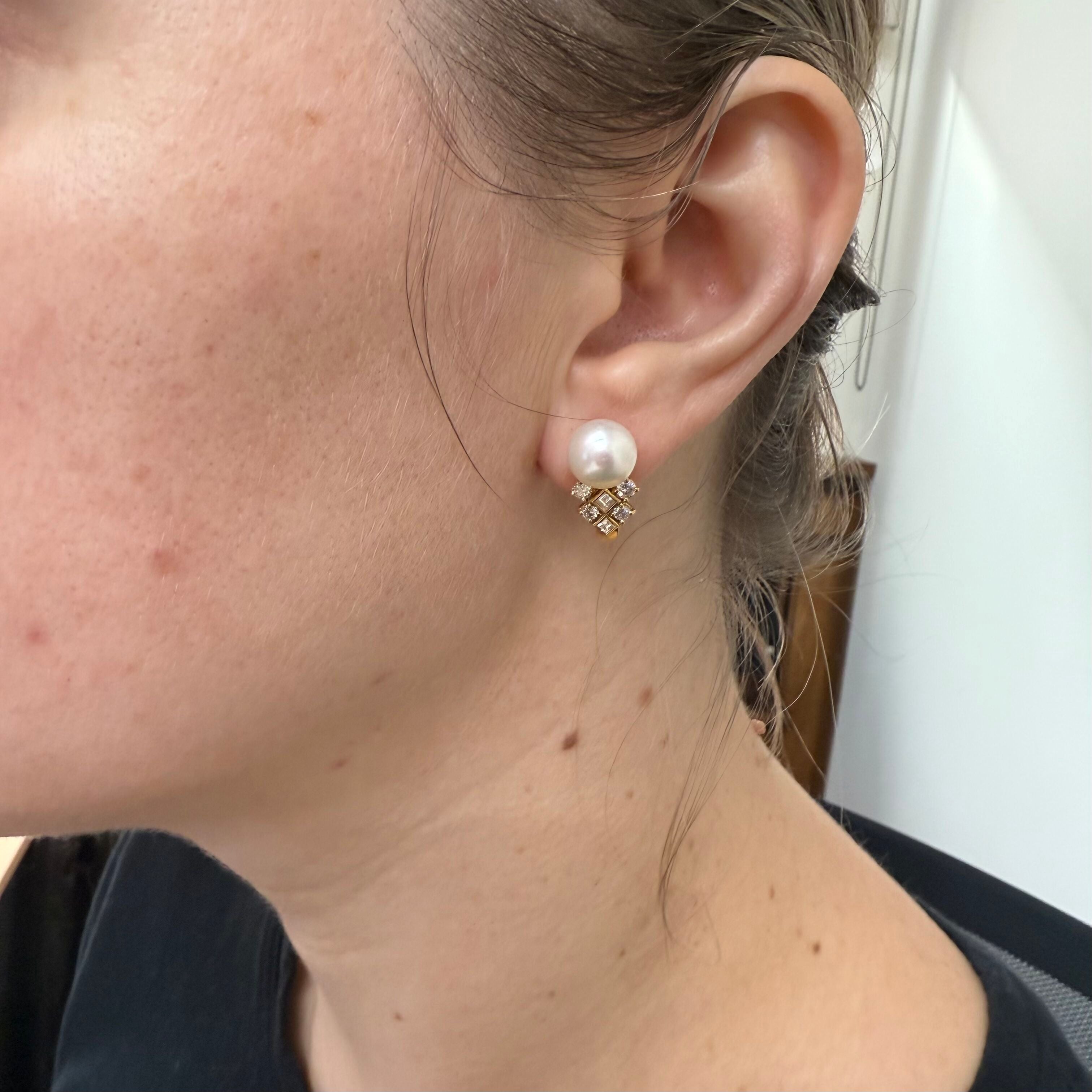 Italian 18k Gold Diamond Pearl Earrings