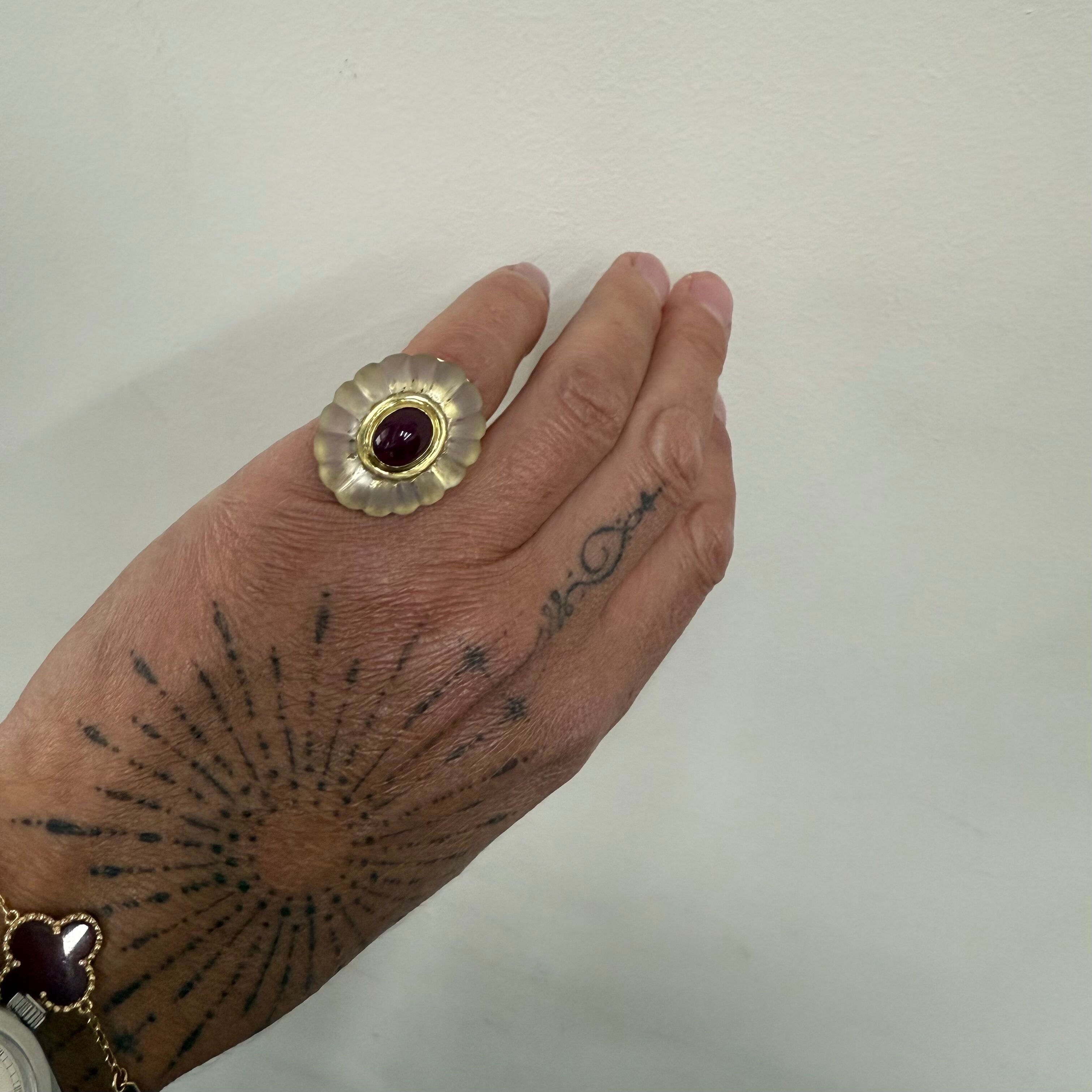 1980s 18k Gold Frosted Crystal Ruby Ring