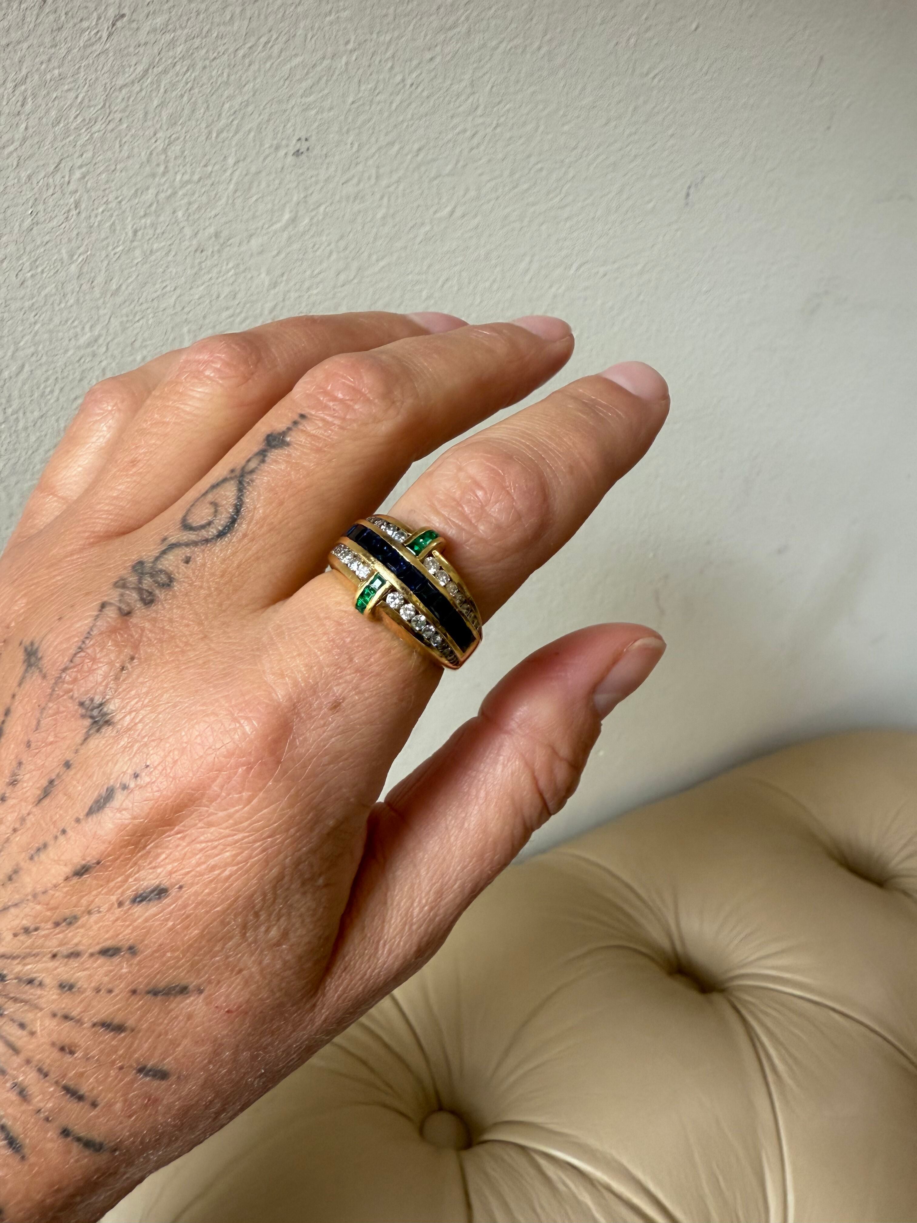 Charles Krypell 18k Gold Diamond Sapphire Emerald Ring