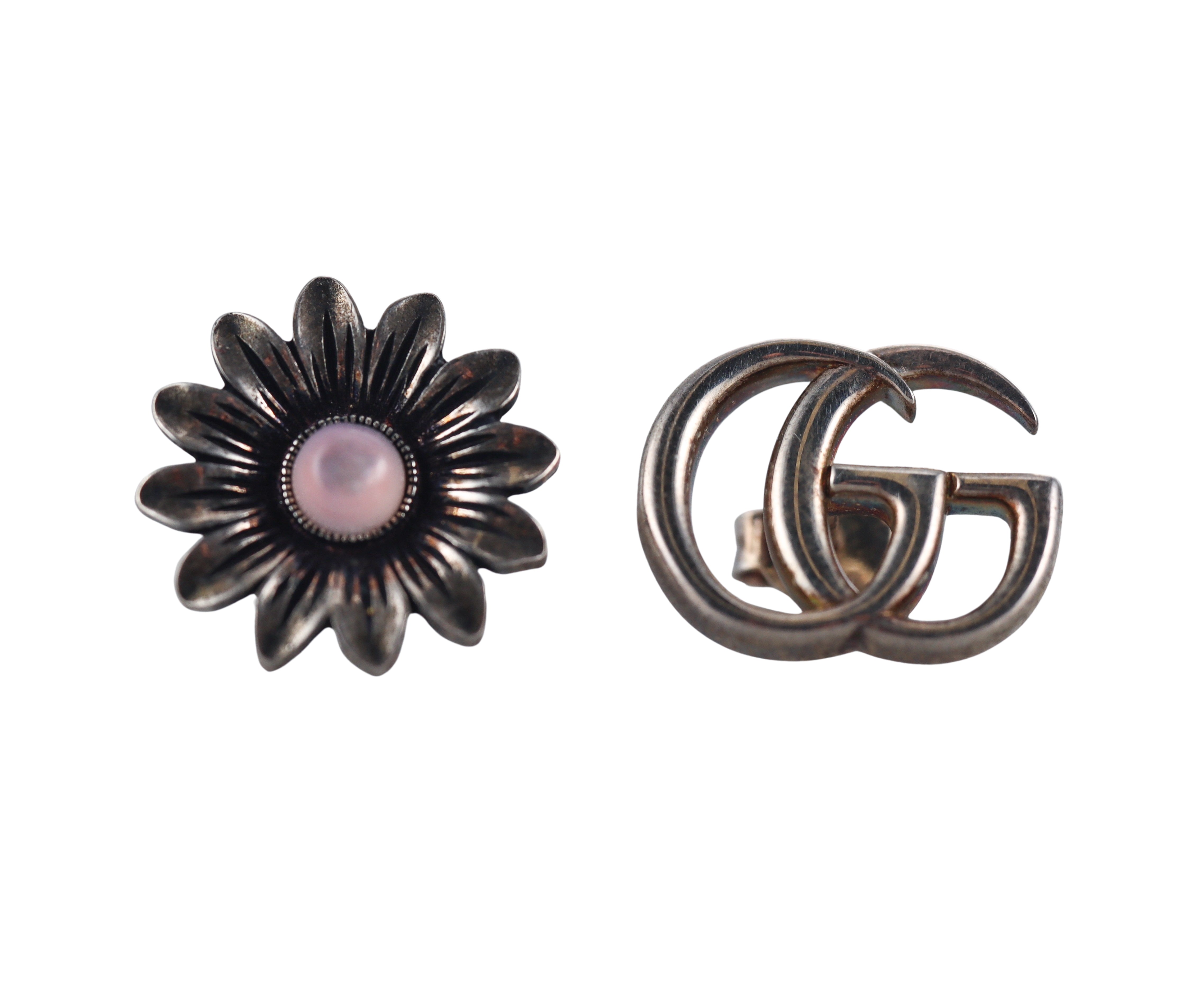 Gucci Sterling Silver Pink Mother of Pearl Flower Marmont Double G Earrings Retail $350