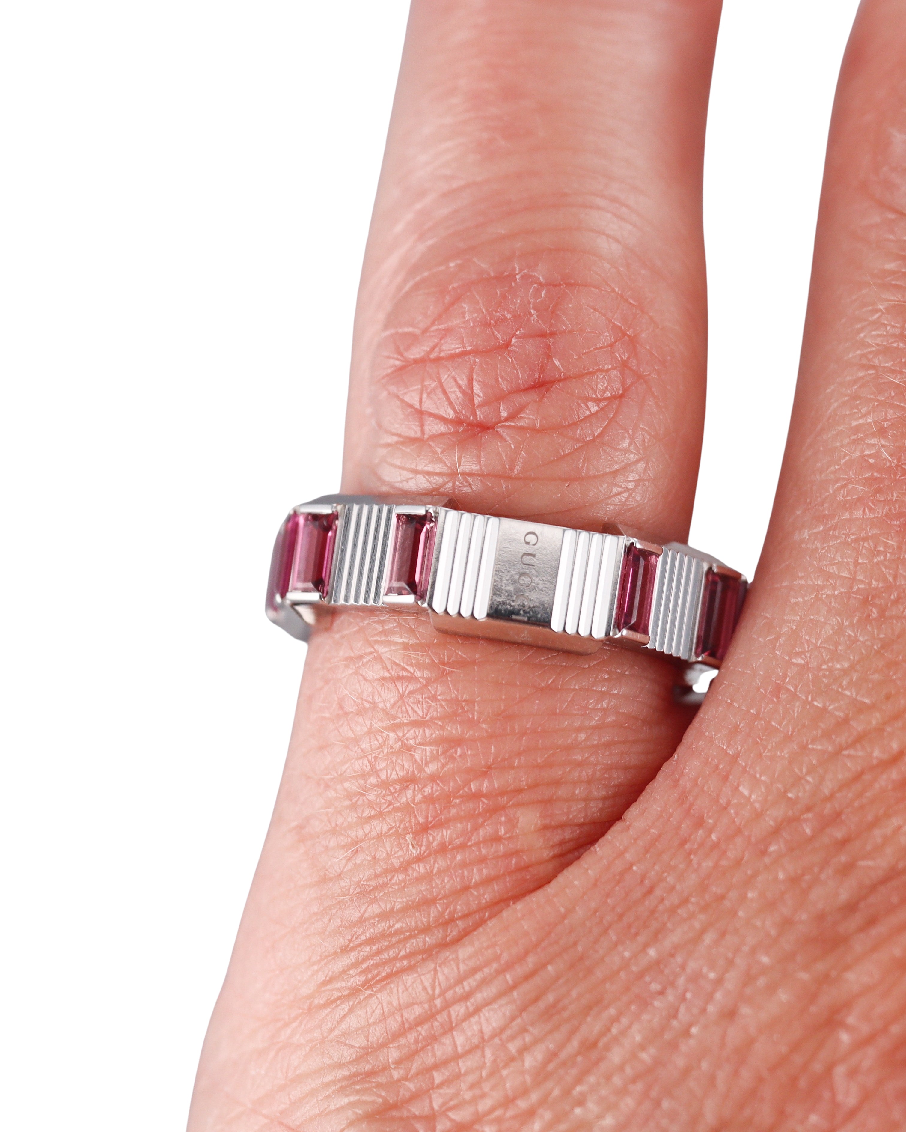 18k Gucci Link to Love White Gold Rubellite Ring Retail $3600