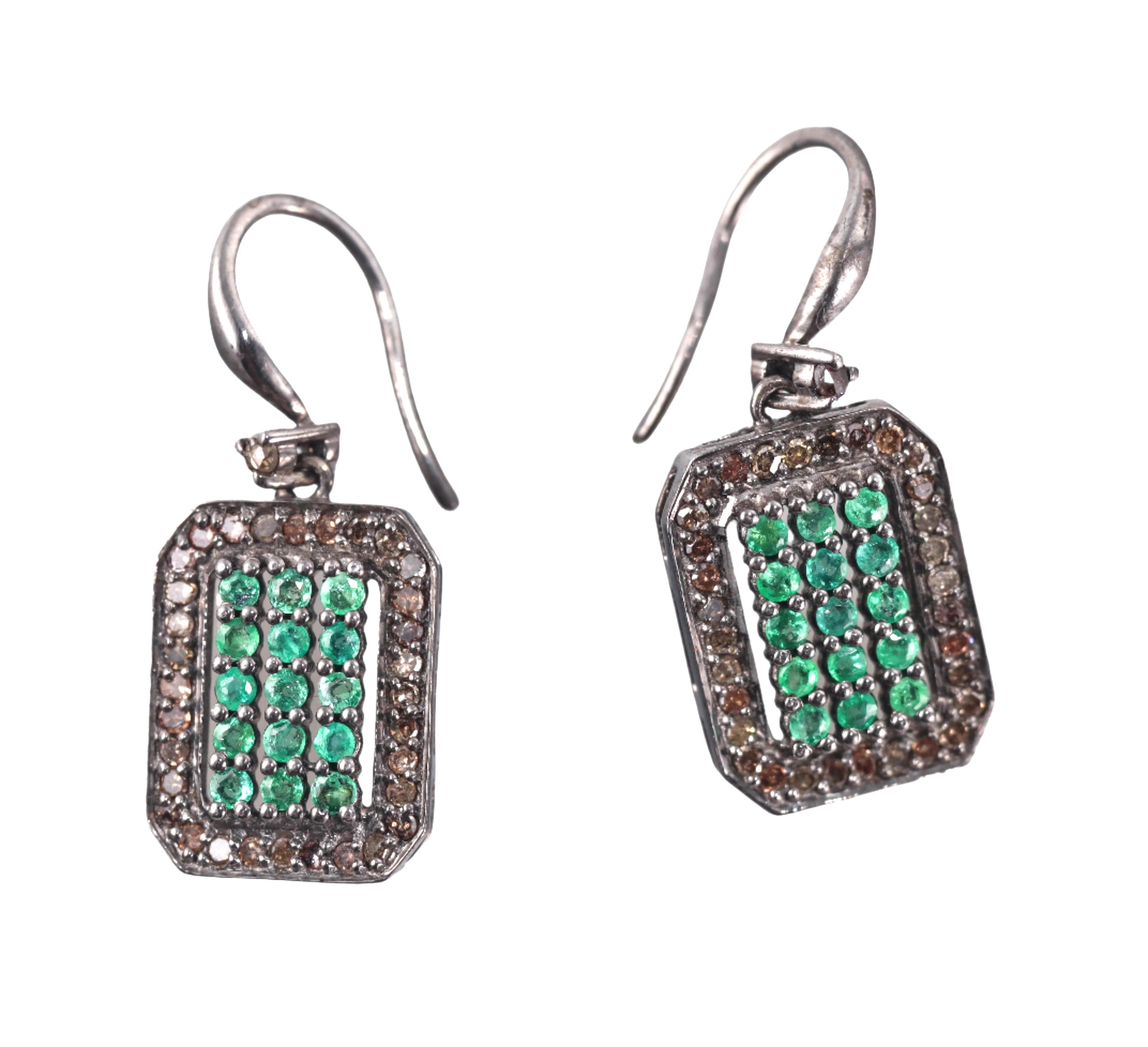Bavna Sterling Silver Emerald and Diamond Drop Earrings