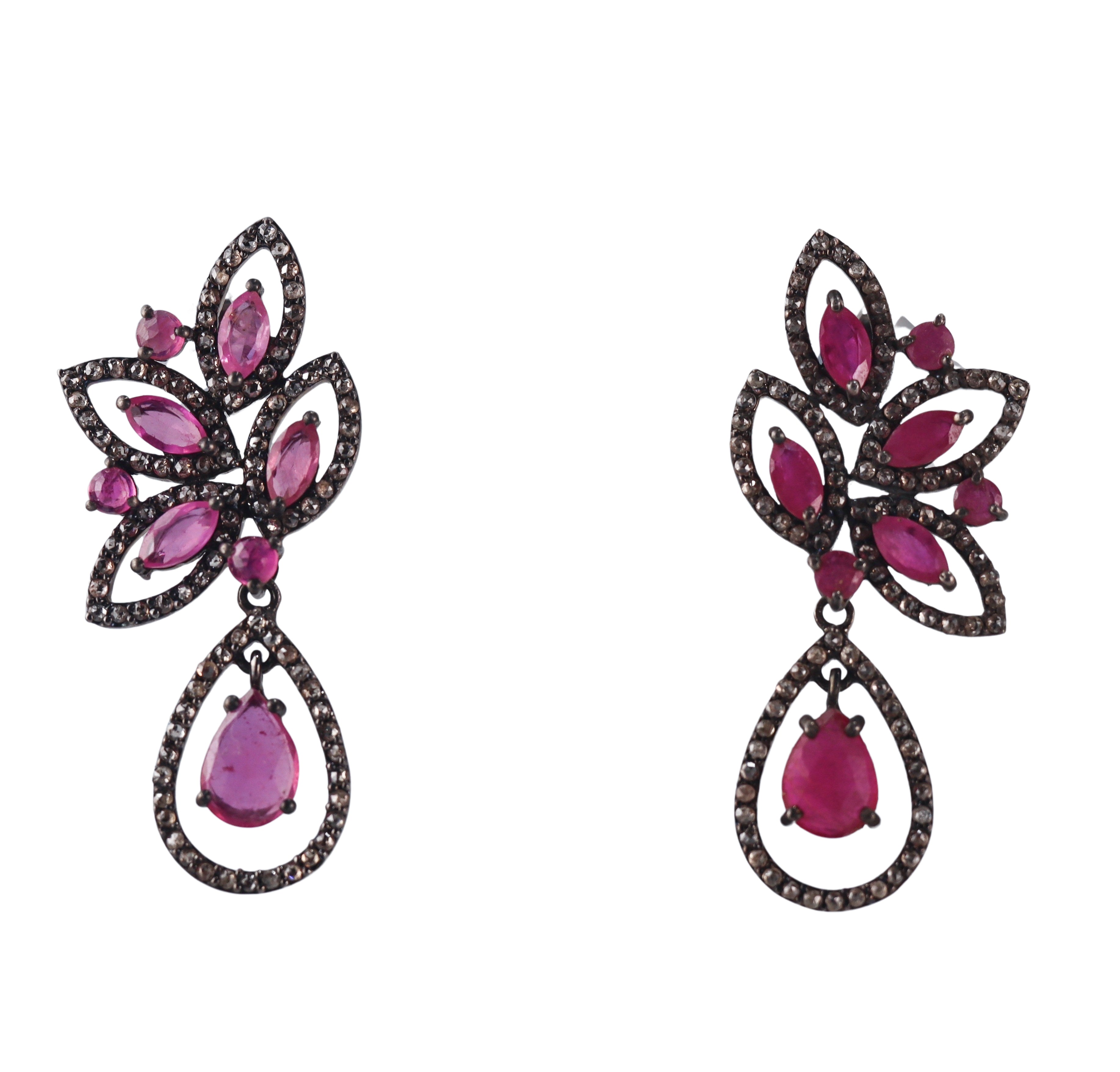 Bavna Sterling Silver Rose Cut Diamond and Glass Filled Ruby Drop Earrings