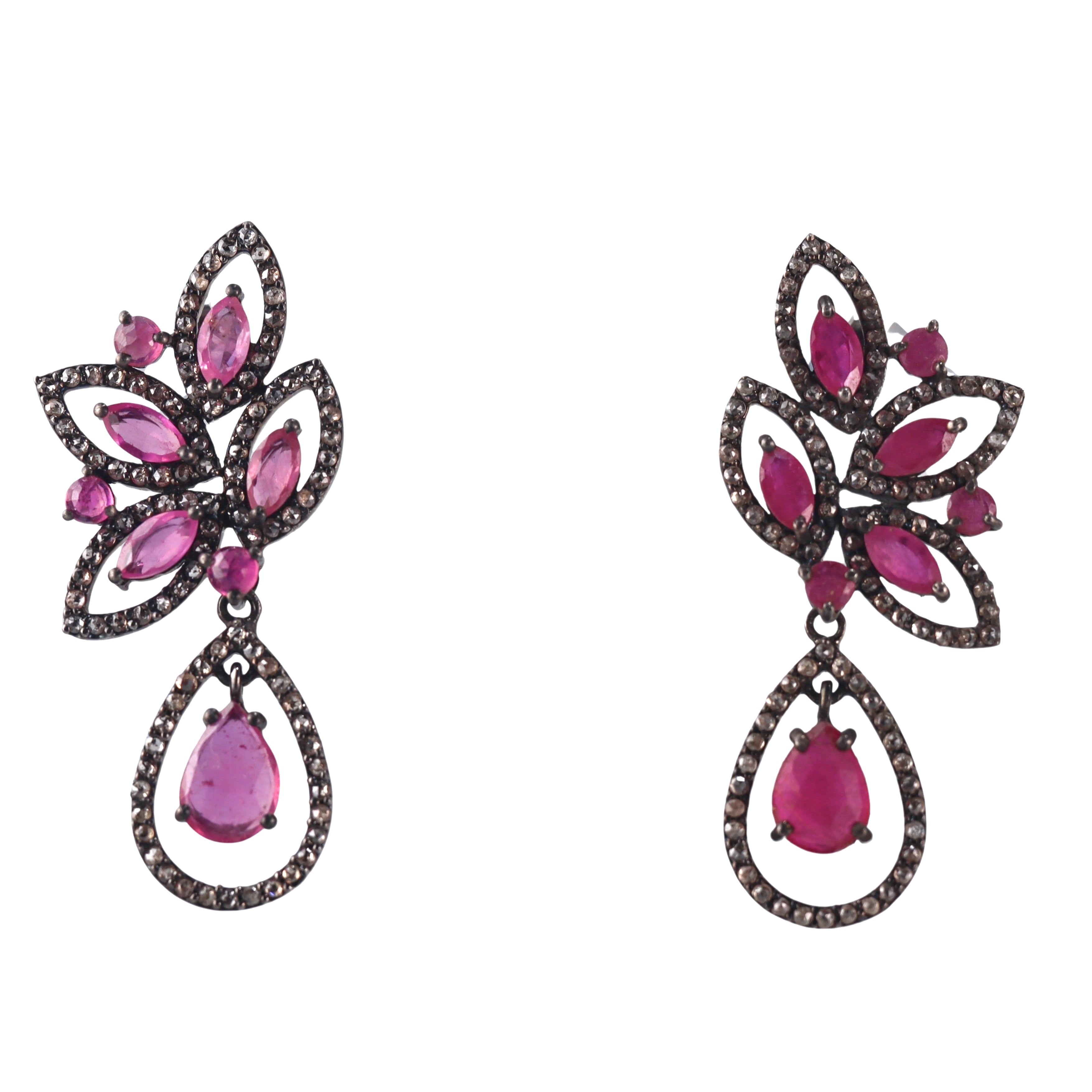 Bavna Sterling Silver Rose Cut Diamond and Glass Filled Ruby Drop Earrings