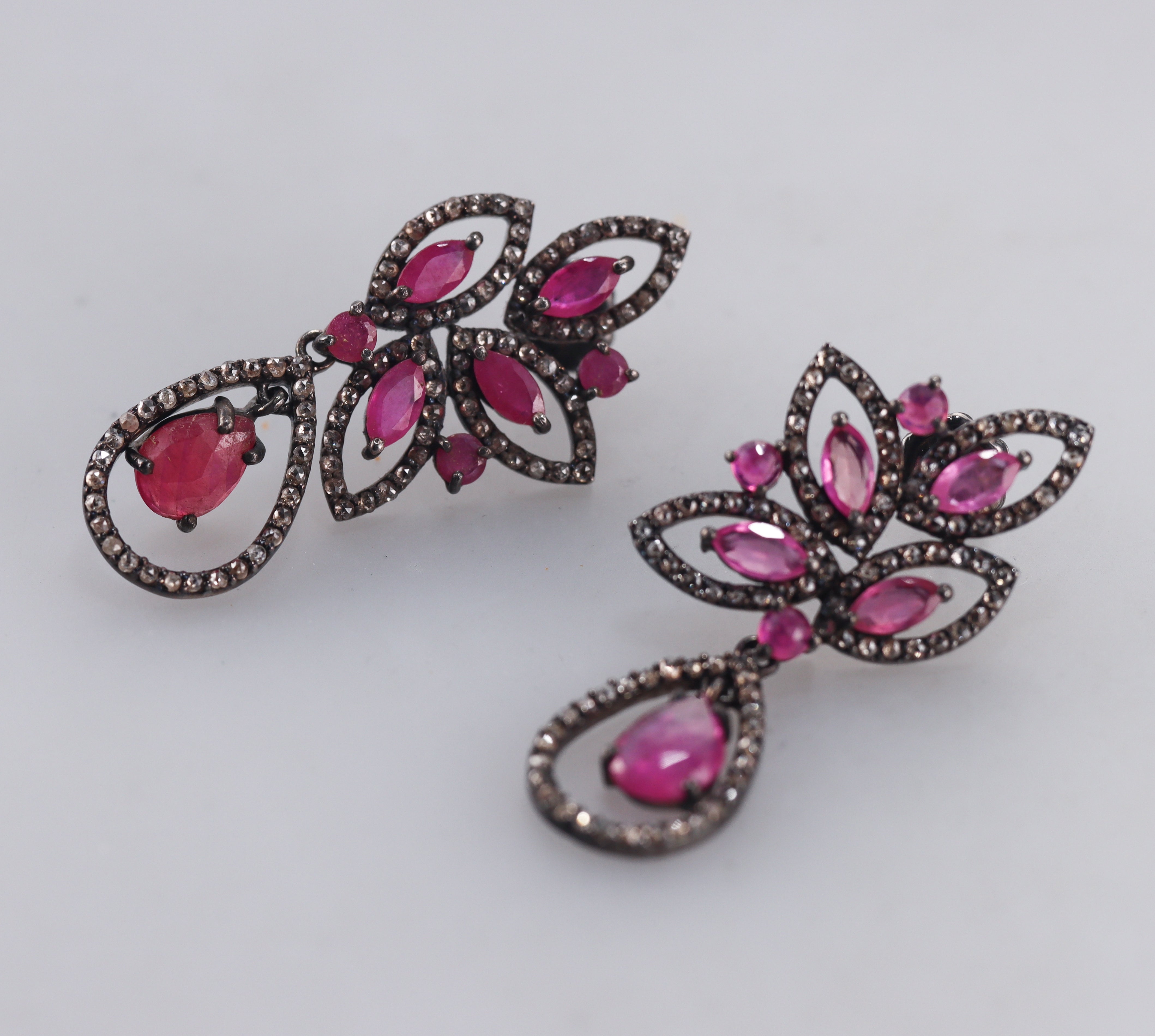 Bavna Sterling Silver Rose Cut Diamond and Glass Filled Ruby Drop Earrings