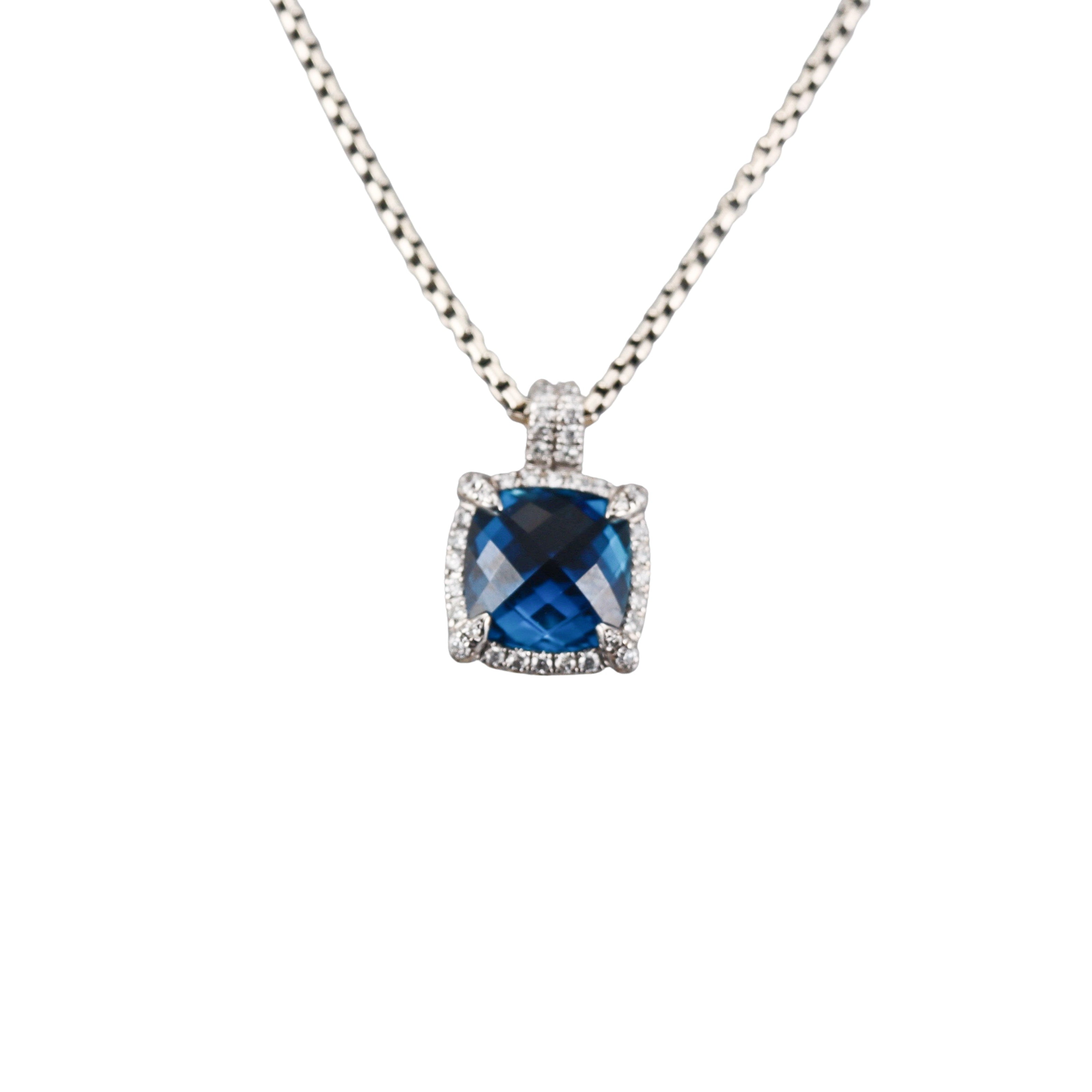 David Yurman Chatelaine Sterling Blue Topaz Diamond Pendant Necklace