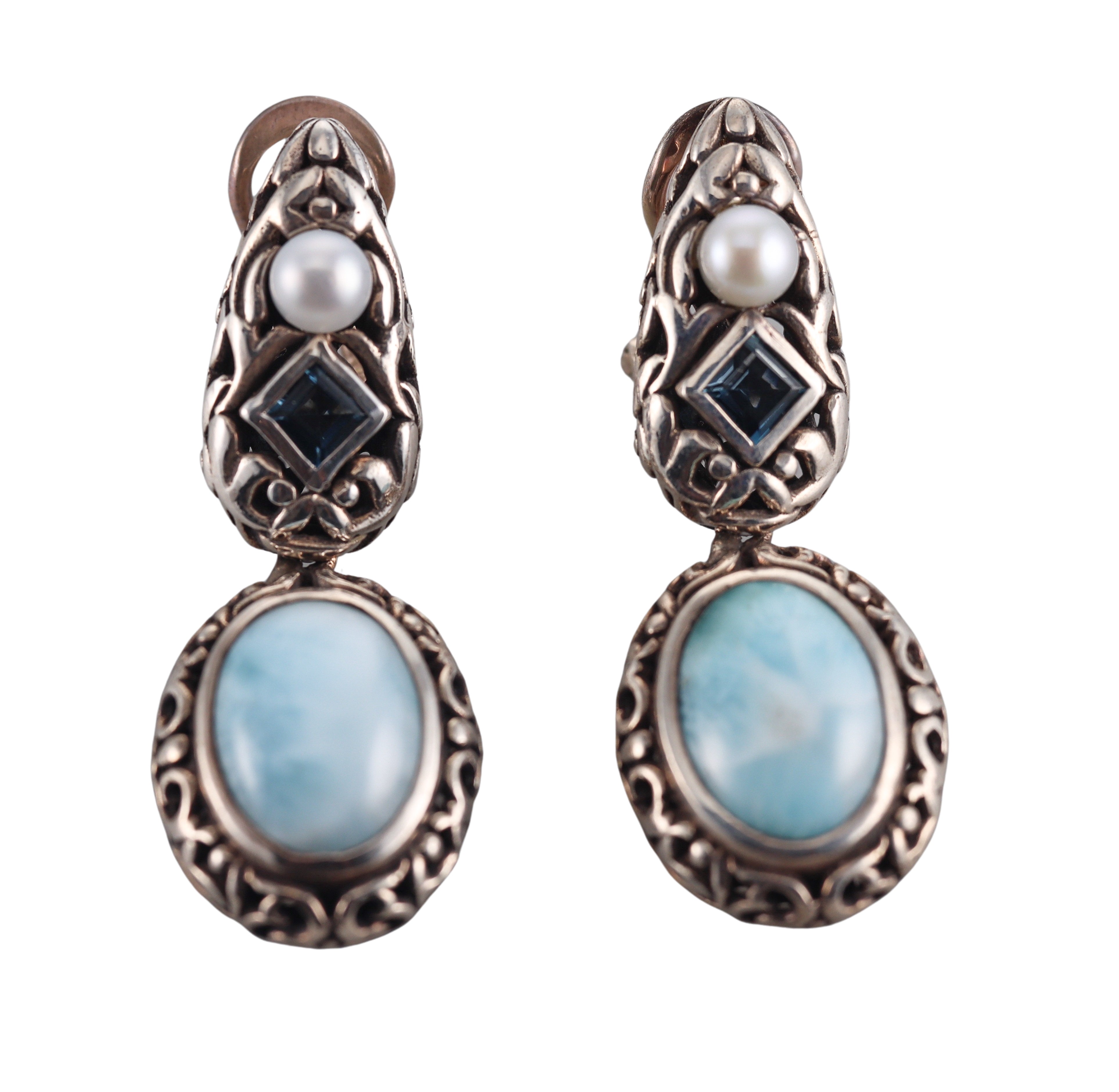 Marahlago Sterling Silver Larimar Pearl and Blue Topaz Earrings #002 Retail $462