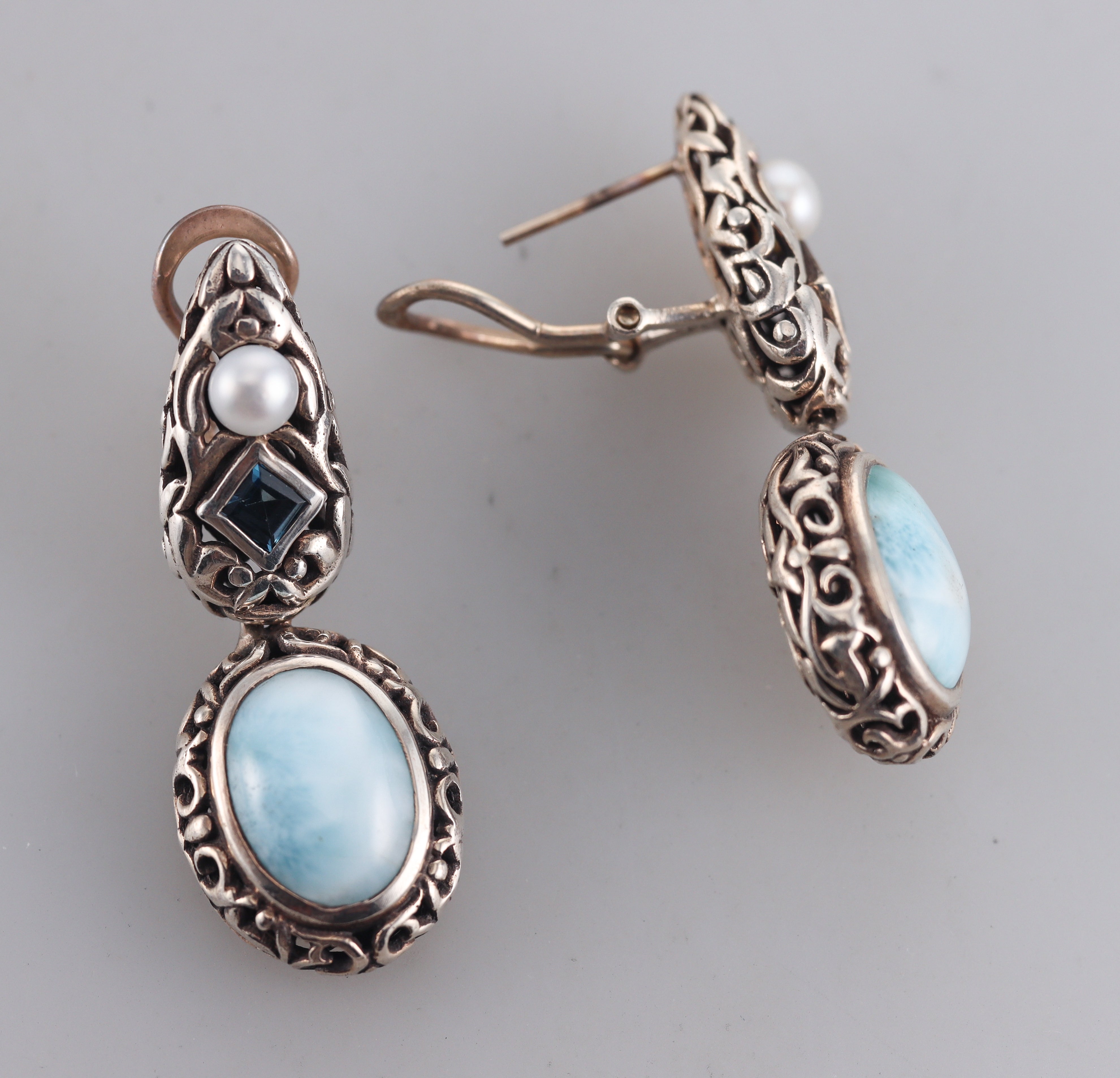 Marahlago Sterling Silver Larimar Pearl and Blue Topaz Earrings #002 Retail $462